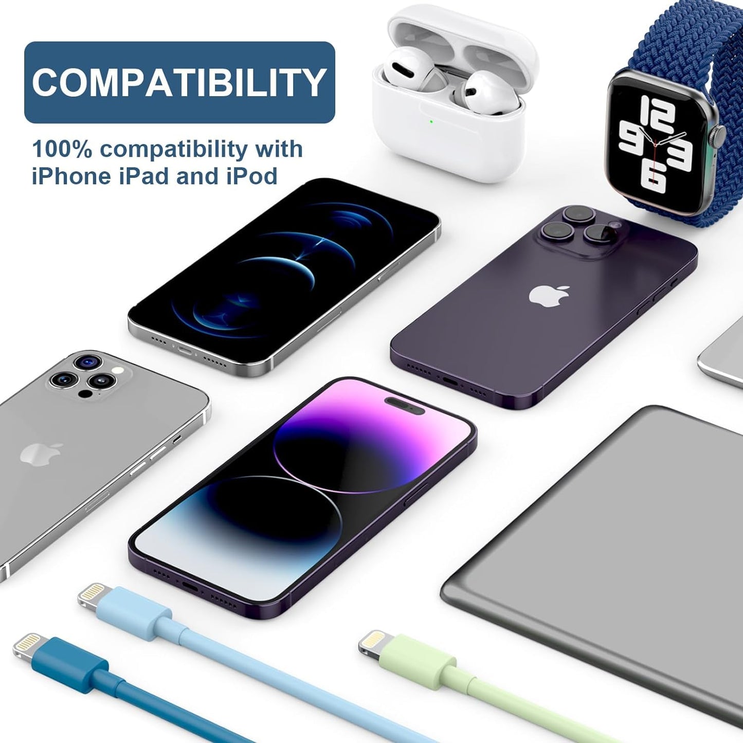 6Pack iPhone Charger (3/3/6/6/6/9 FT) Apple MFi Certified Multiple Colour Lightning Cable Fast Charging High Speed Transfer Cord for iPhone 14 13 12 11 Pro Max XR XS X 8 7 6 Plus SE iPad