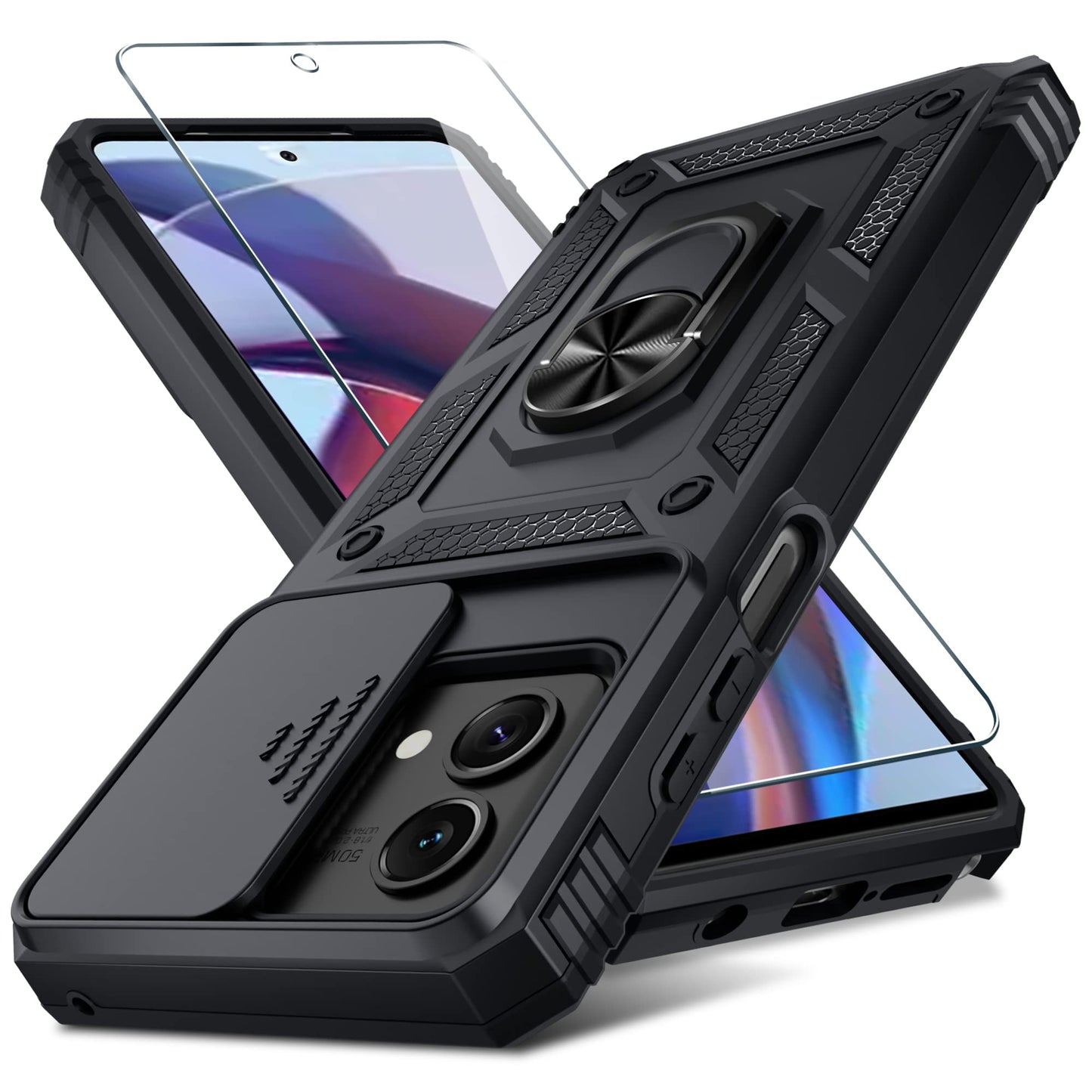 Janmitta Compatible with Moto G Stylus 5G 2024 Case Built in Slide Camera Lens Cover+Screen Protector+Finger Ring Holder Kickstand,Heavy Duty Shockproof Full Body Protective Phone Cover,Black