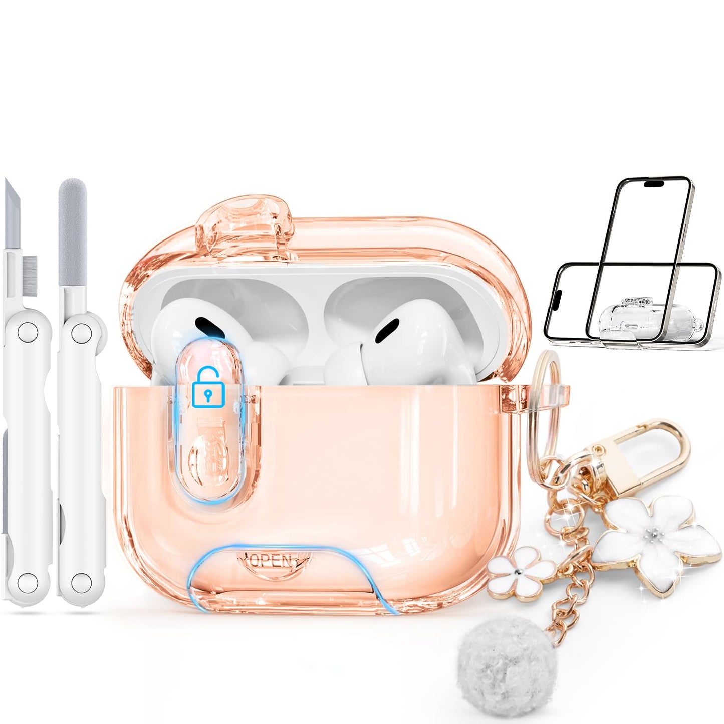 with Safety Lock for AirPods Pro 3 Case 2025,Clear Cases with Phone Stand & Cleaning Kit,Soft TPU Cover for Airpods Pro 3rd Generation Case,Cute Bling Keychain for Women Girls-Glitter Pink