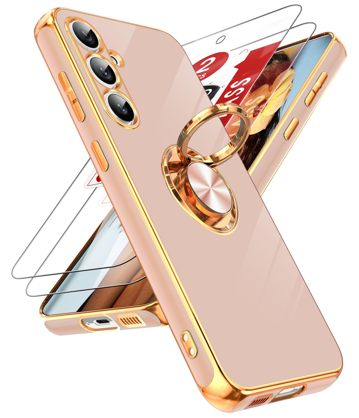LeYi for Samsung Galaxy S24-FE Case: with 2 Pack Tempered Glass Screen Protector and 360° Rotatable Ring Holder Magnetic Kickstand, Plating Rose Gold Edge Funda para Galaxy S24FE 5G Case, Black