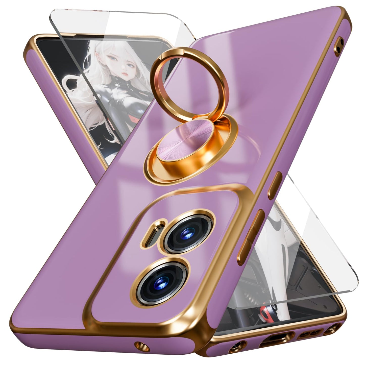 for Moto G Stylus 5G 2024 Case,with Screen Protector, Built-in 360° Rotation Ring Magnetic Kickstand, Plating Gold Edge Soft TPU Shockproof Protective Case for Moto G Stylus 5G 2024 (Pink)