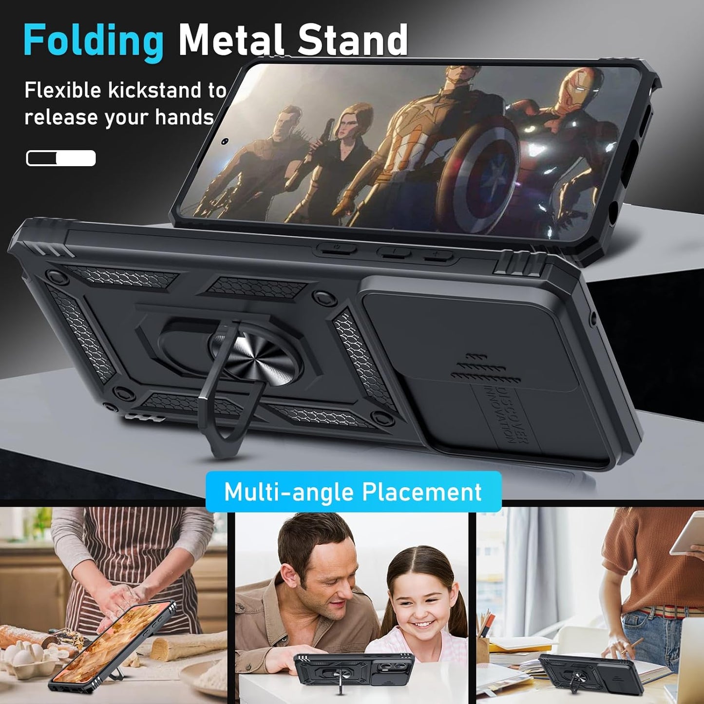 Janmitta Compatible with Moto G Stylus 5G 2024 Case Built in Slide Camera Lens Cover+Screen Protector+Finger Ring Holder Kickstand,Heavy Duty Shockproof Full Body Protective Phone Cover,Black