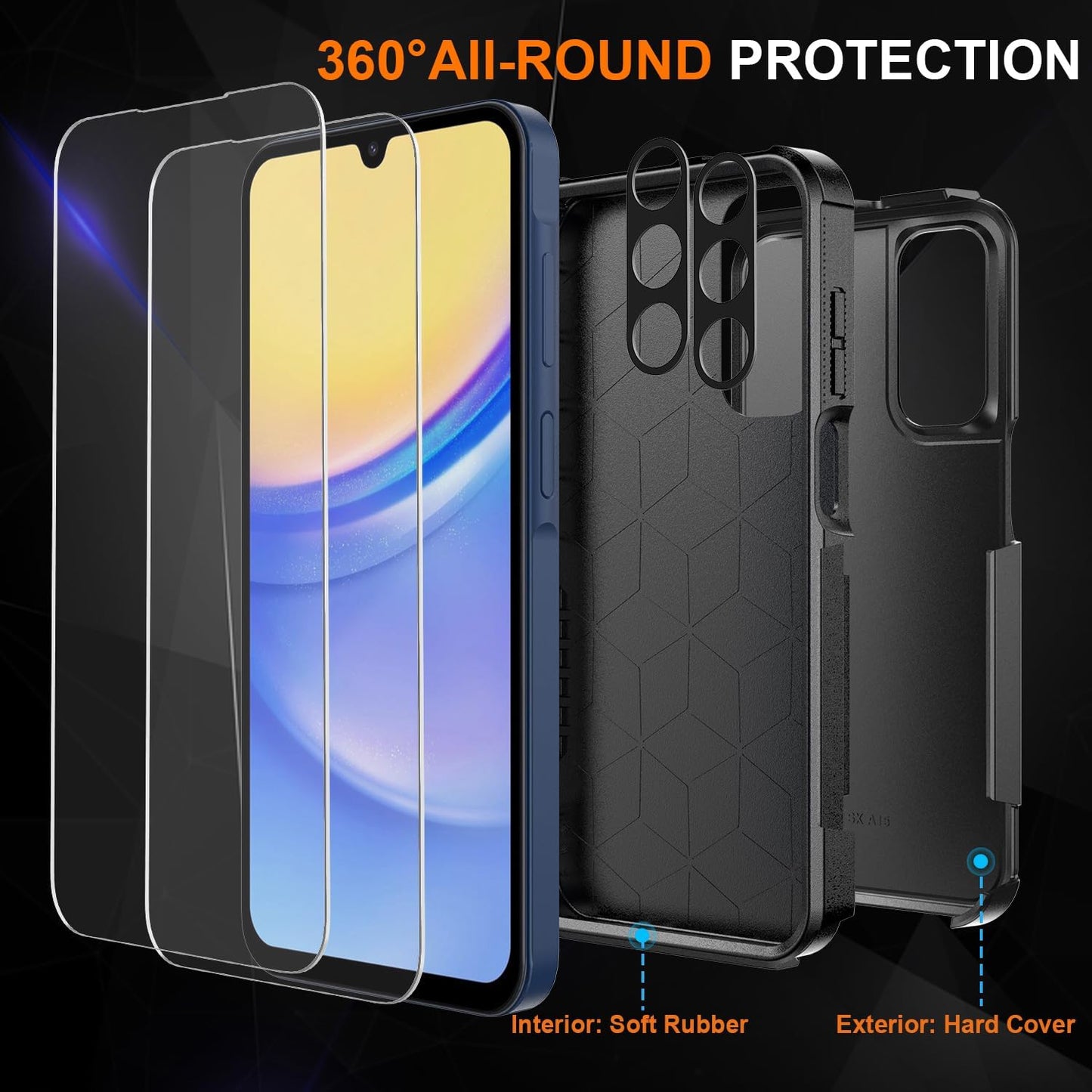 Ezanmull Phone Case for Samsung Galaxy A15 5G Black | 15 FT Military Grade Drop Protection, Glass Screen Protector, Camera Lens Protector, Non-Slip, Shockproof Case