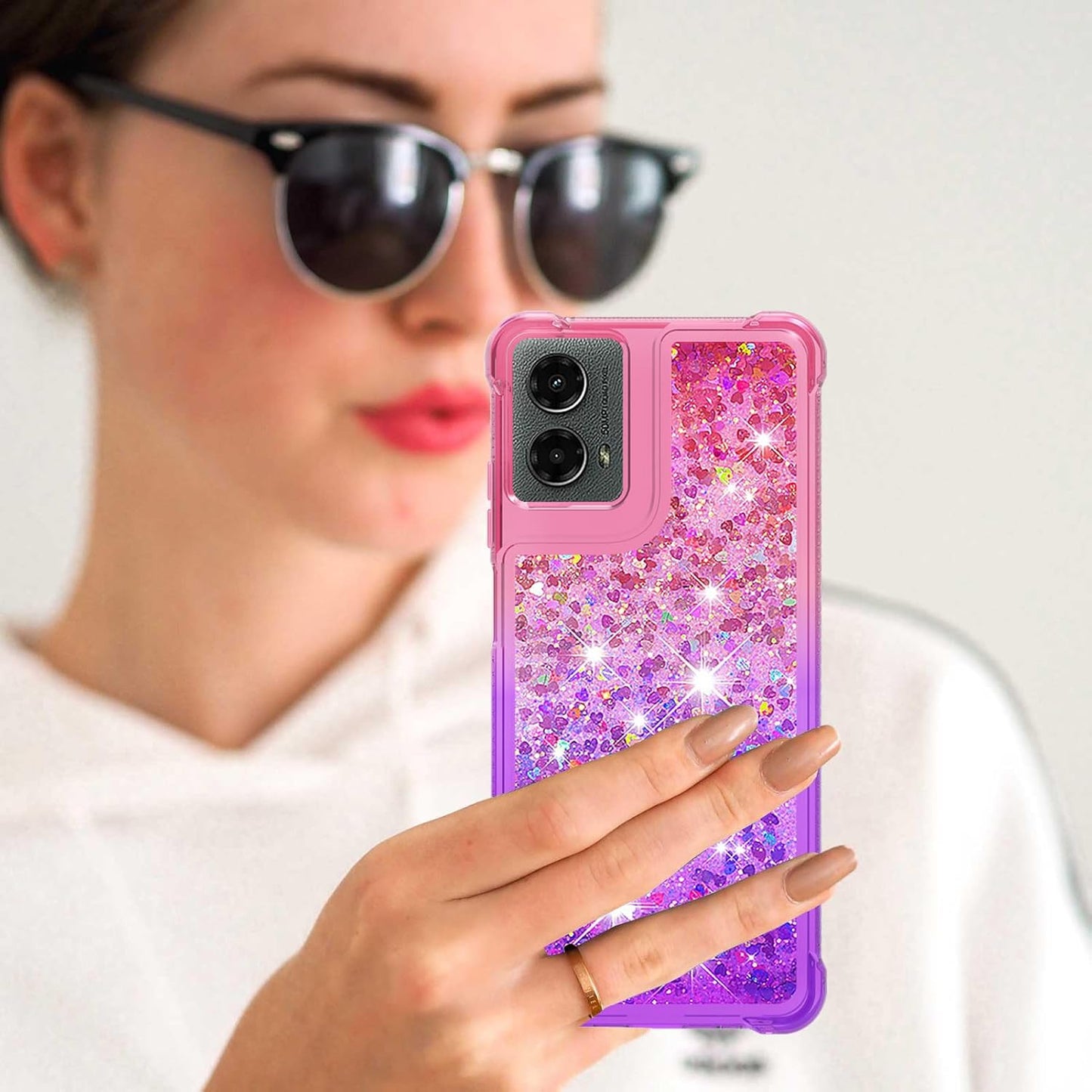 for Moto G Play 2024 Case with Screen Protector, Cute Women Girls Glitter Bling Liquid Floating Phone Case Slim TPU Soft Silicone Shockproof Girly Cover for Motorola G Play 2024 -Pink Purple