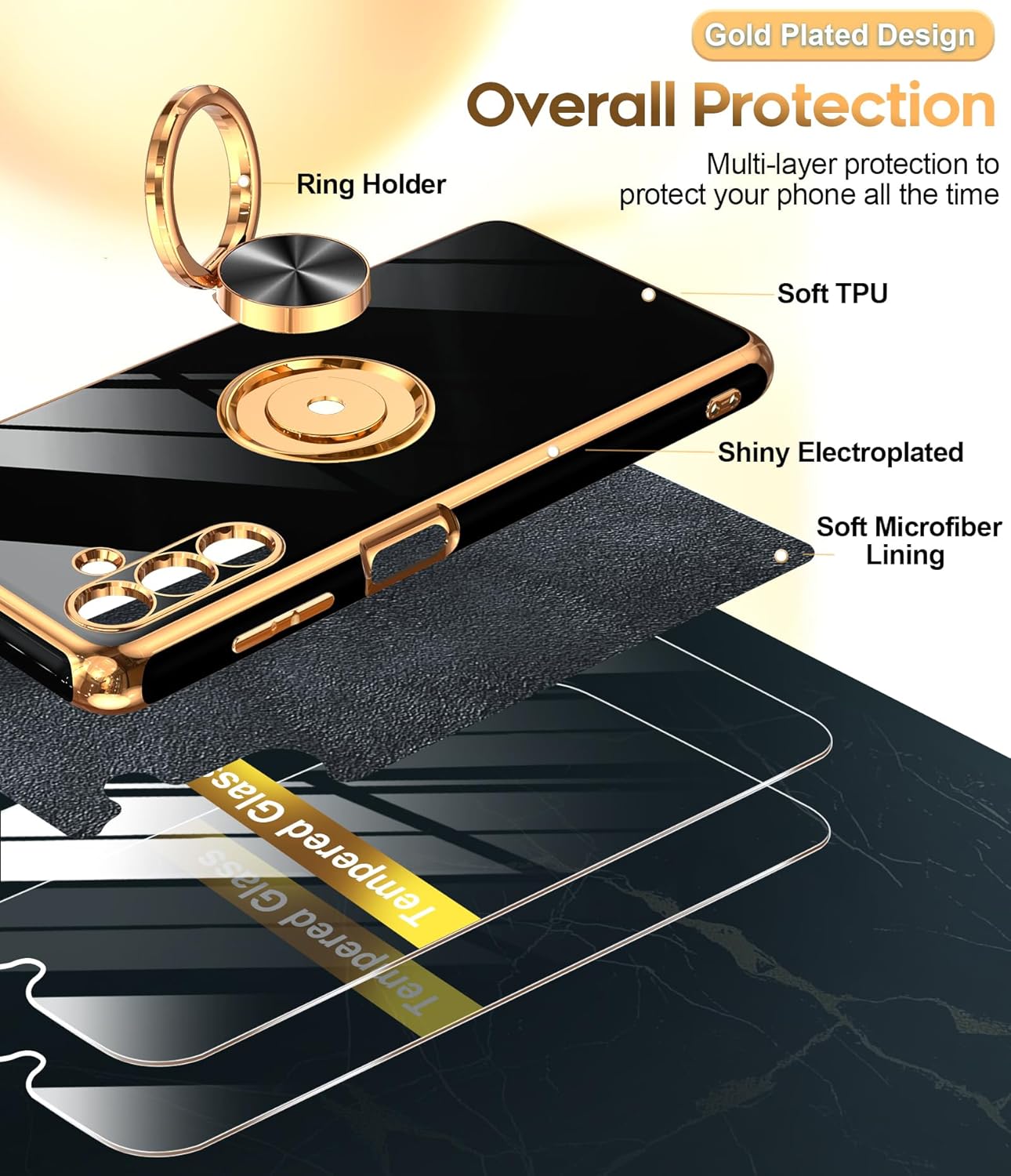 LeYi for Samsung Galaxy A13-5G Phone Case: Tempered Glass Screen Protector, 360° Rotatable Ring Holder Magnetic Kickstand, Plating Rose Gold Edge Protective Case, Black