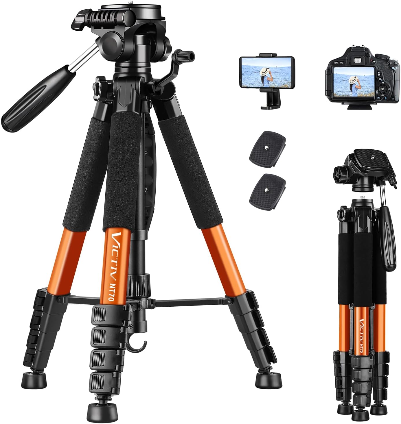 Victiv 74” Camera Tripod, Phone Tripod for iPhone with Phone Holder, Orange | Aluminum Professional Heavy Duty Camera Tripod Stand, Tall Tripod for DSLR with Carry Bag, Compatible with Canon Nikon iPhone
