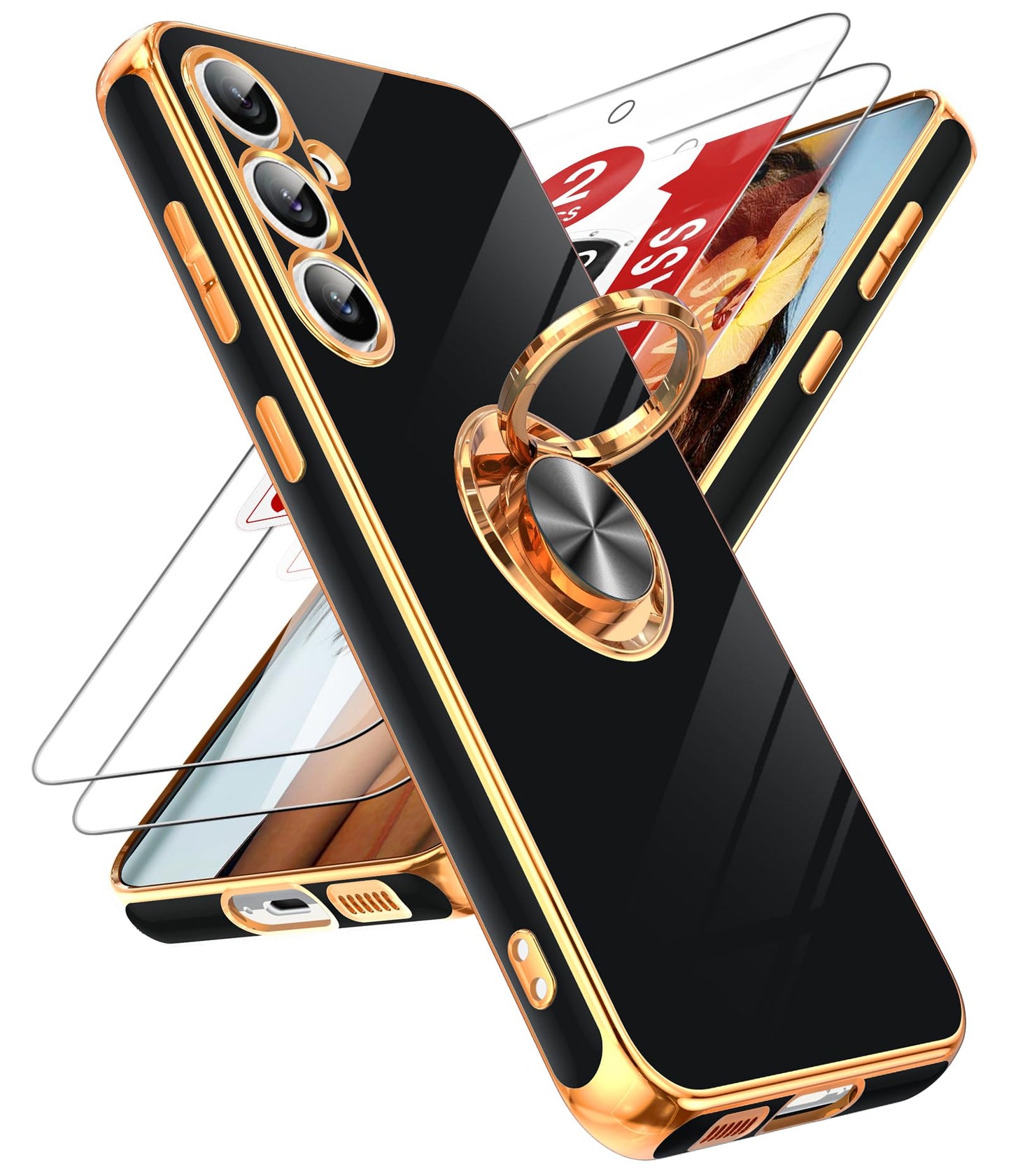LeYi for Samsung Galaxy S24-FE Case: with 2 Pack Tempered Glass Screen Protector and 360° Rotatable Ring Holder Magnetic Kickstand, Plating Rose Gold Edge Funda para Galaxy S24FE 5G Case, Black