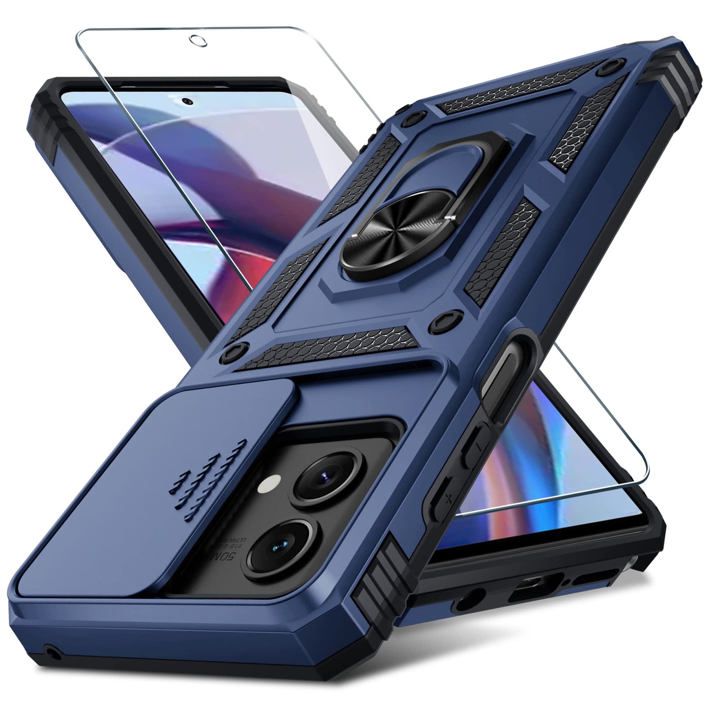 Janmitta Compatible with Moto G Stylus 5G 2024 Case Built in Slide Camera Lens Cover+Screen Protector+Finger Ring Holder Kickstand,Heavy Duty Shockproof Full Body Protective Phone Cover,Black