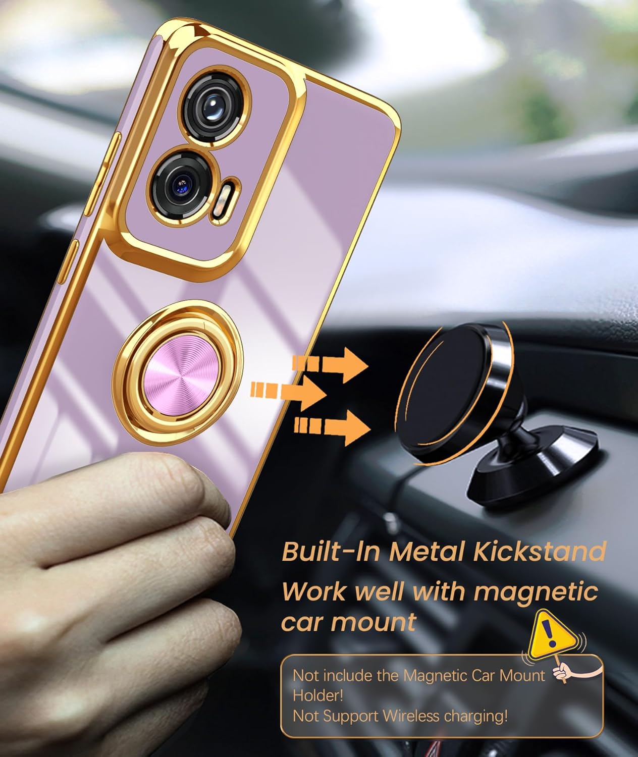 Dretal for Moto G Stylus 5G 2024 Case, 2X Screen Protector, 360° Rotatable Ring Holder Magnetic Kickstand,Plated Gold Edge Slim Soft TPU Protective Cover for Motorola G Stylus 5G (Purple)