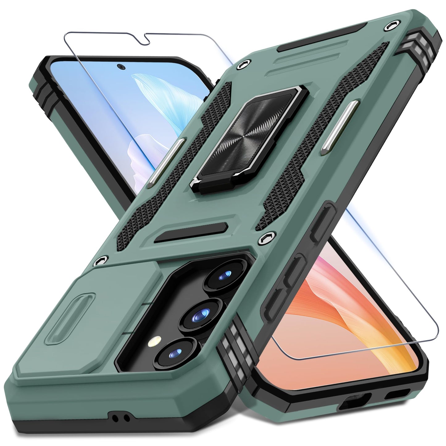 DEERLAMN Case for Samsung Galaxy S23 FE 6.4-Inch with Slide Camera Cover+Screen Protector(1 Pack),Rotated Ring Kickstand Military Grade Shockproof Protective Cover-Black