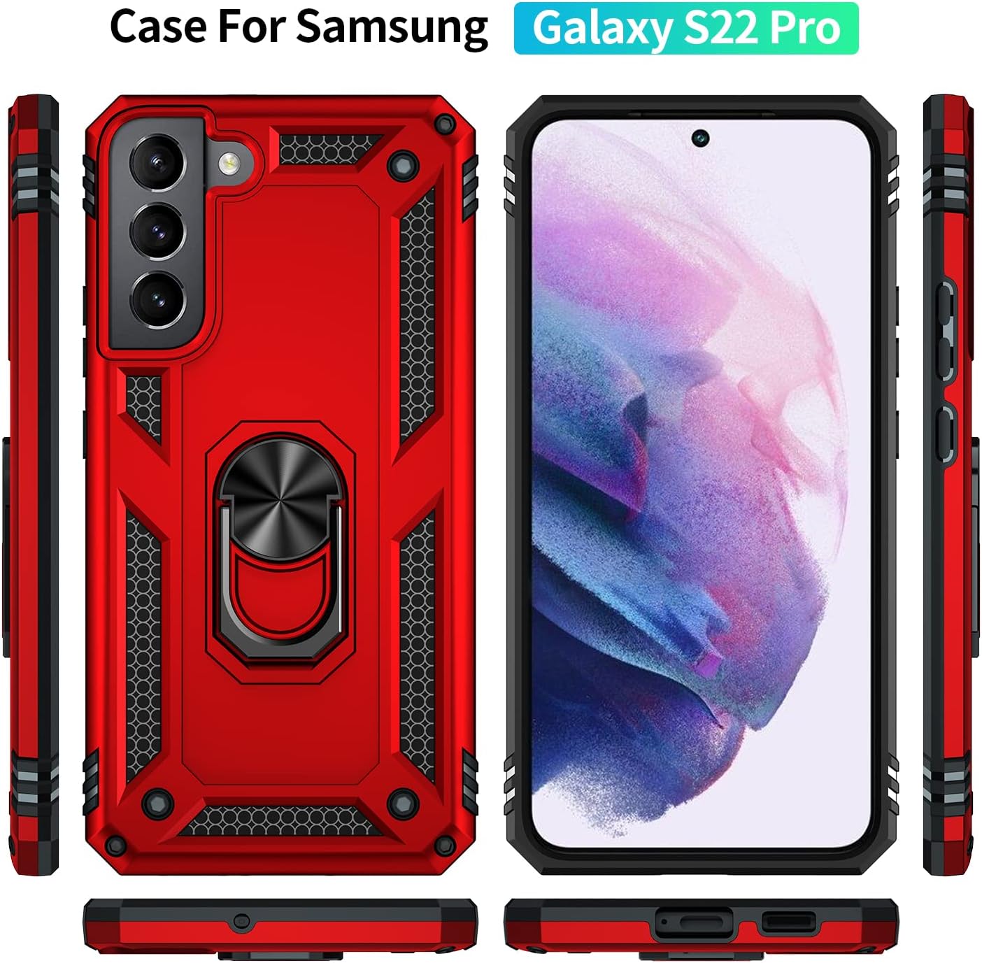 Military Grade Drop Impact for Samsung Galaxy S22 Plus Case 360 Metal Rotating Ring Kickstand Holder Armor Heavy Duty Shockproof Case for Galaxy S22+ Plus Phone Case (Red)