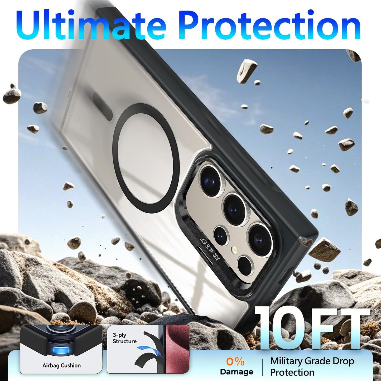 YZB Case Designed for Samsung Galaxy S24 Ultra Crystal Clear Back Cover Black | Magnetic Compatible with MagSafe, Built-in Stand, Camera Lens Protector, Anti-Yellowing, Scratch-Resistant