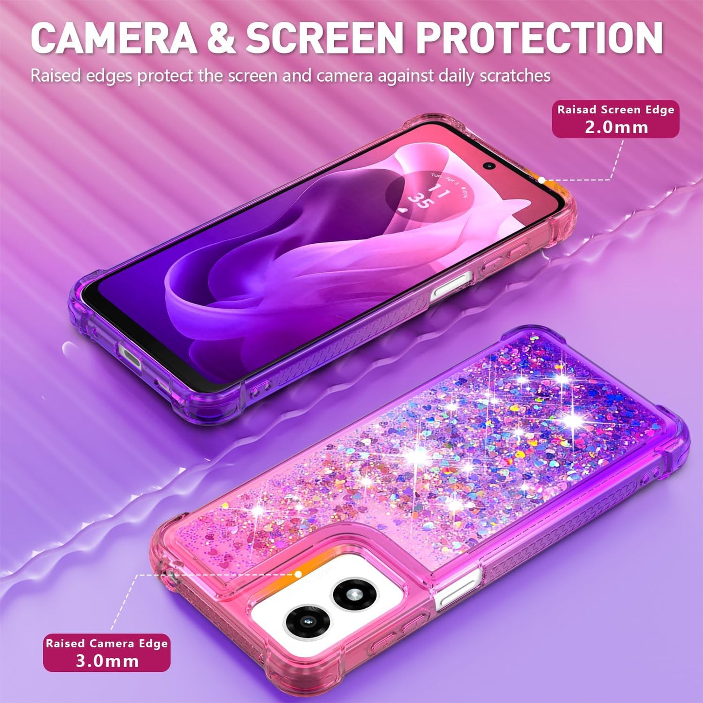 for Moto G Play 2024 Case with Screen Protector, Cute Women Girls Glitter Bling Liquid Floating Phone Case Slim TPU Soft Silicone Shockproof Girly Cover for Motorola G Play 2024 -Pink Purple