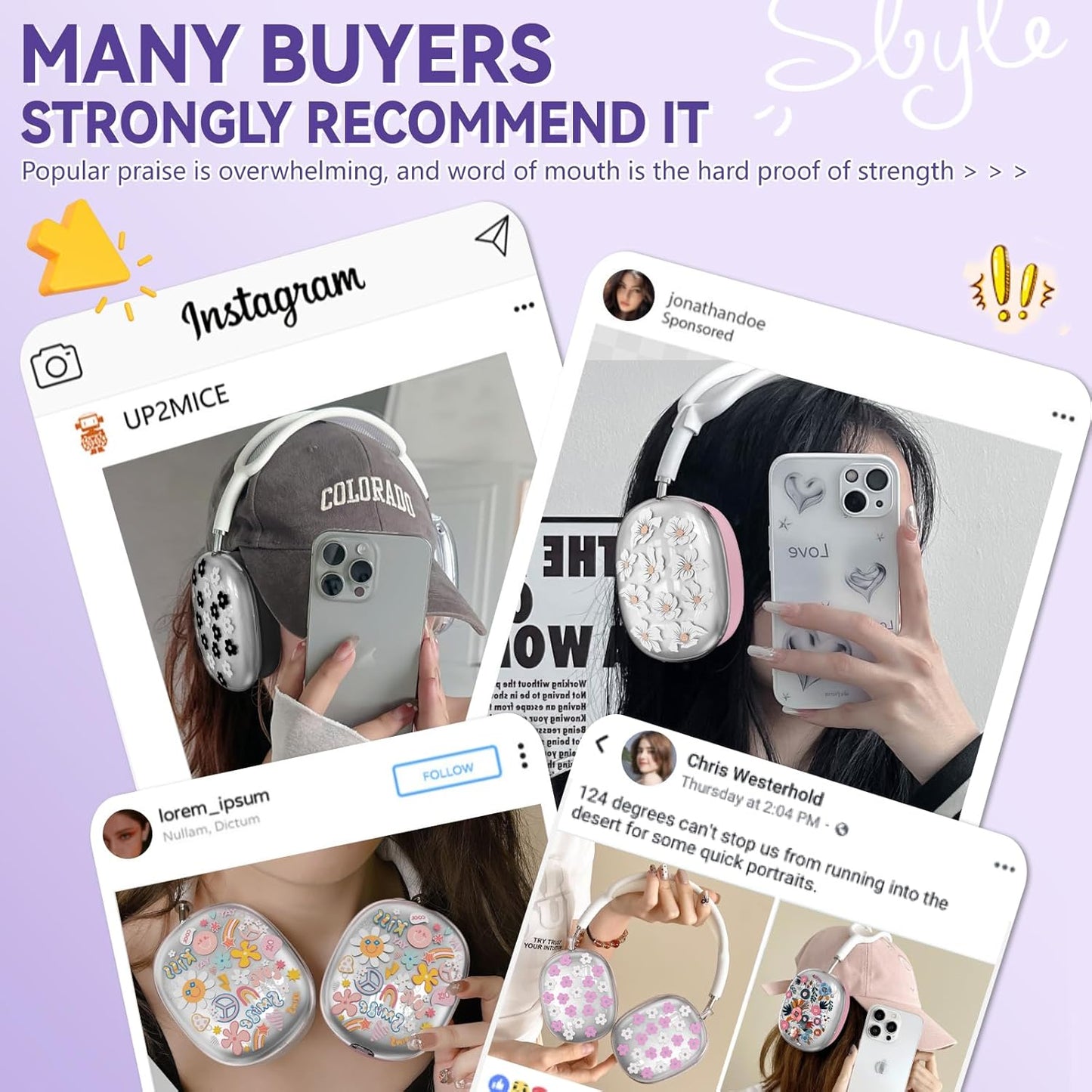 Silicone Cases for AirPods Max Headphones,Clear Flower Soft TPU Ear Cups Cover,Ear Pad Case Cover,Headband Cover for AirPod Max,Transparent Case for Apple AirPods Max USB-C(2024) for Women,Purple
