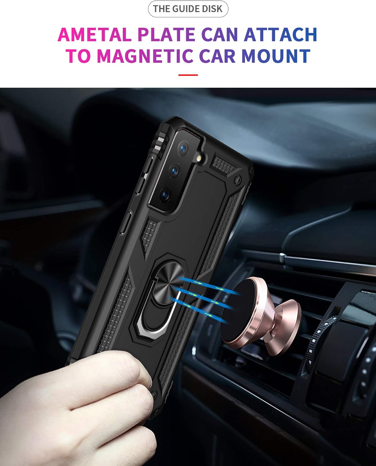 Androgate Case Cover Case for Samsung Galaxy S21 5G Black | with HD Screen Protectors, Military-Grade, Metal Ring Holder, Kickstand, 15ft Drop Tested, Shockproof