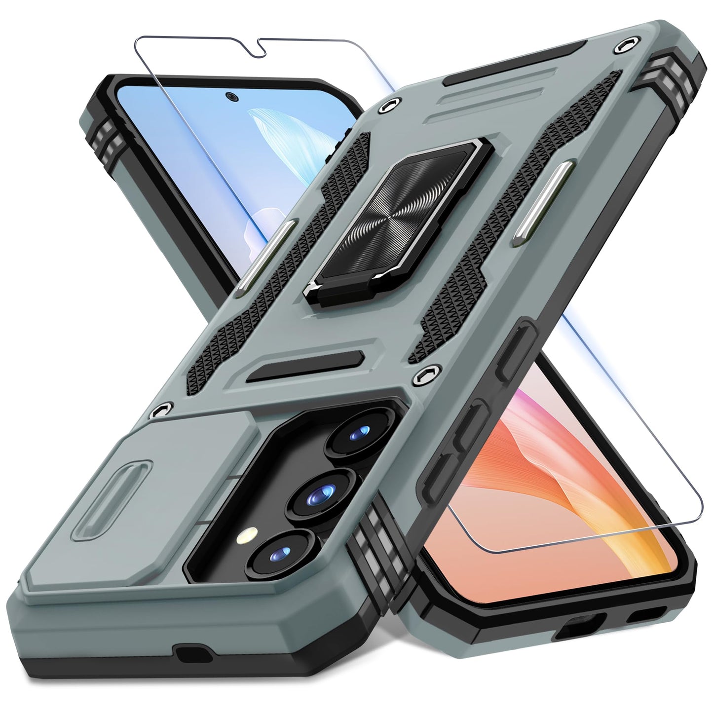 DEERLAMN Case for Samsung Galaxy S23 FE 6.4-Inch with Slide Camera Cover+Screen Protector(1 Pack),Rotated Ring Kickstand Military Grade Shockproof Protective Cover-Black