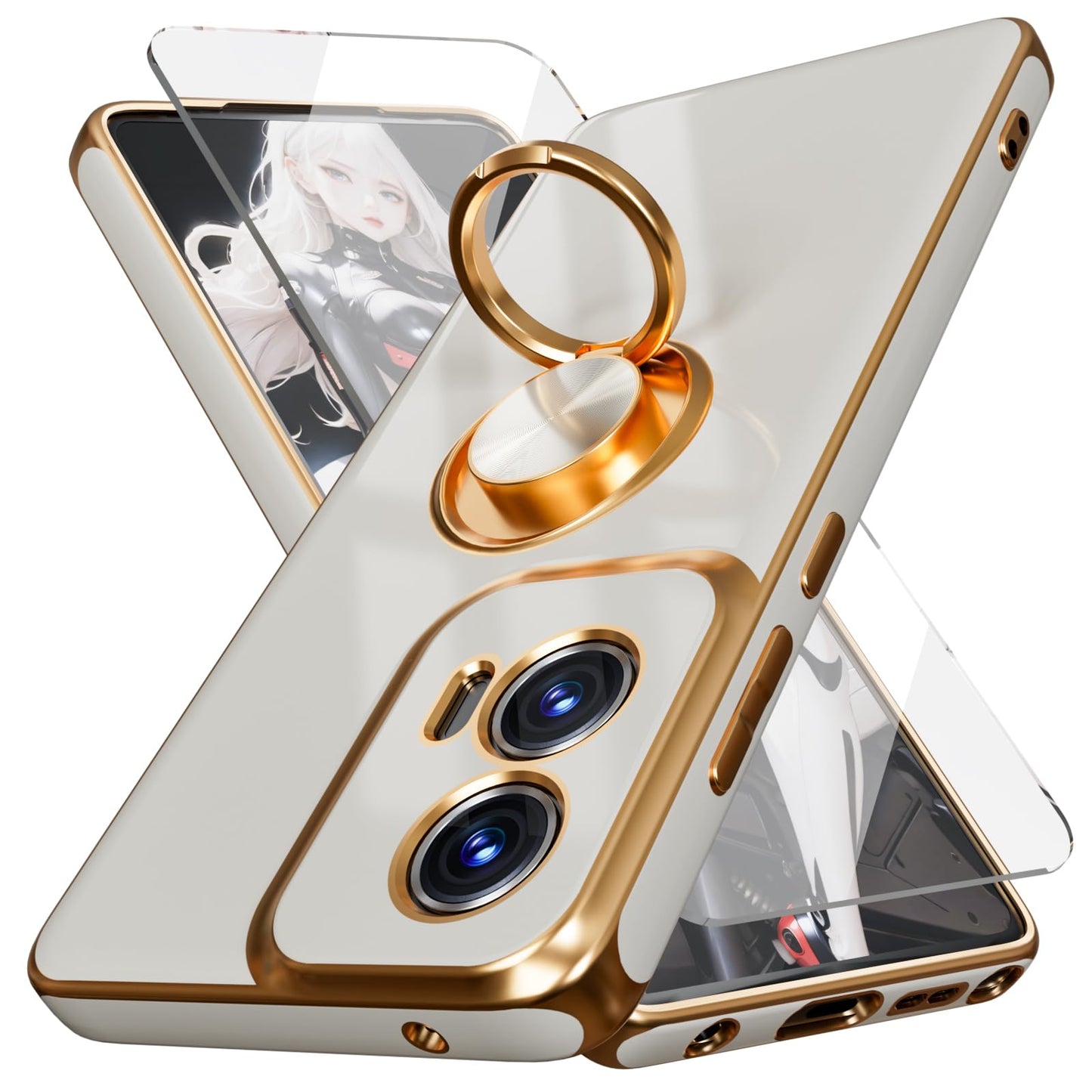 for Moto G Stylus 5G 2024 Case,with Screen Protector, Built-in 360° Rotation Ring Magnetic Kickstand, Plating Gold Edge Soft TPU Shockproof Protective Case for Moto G Stylus 5G 2024 (Pink)