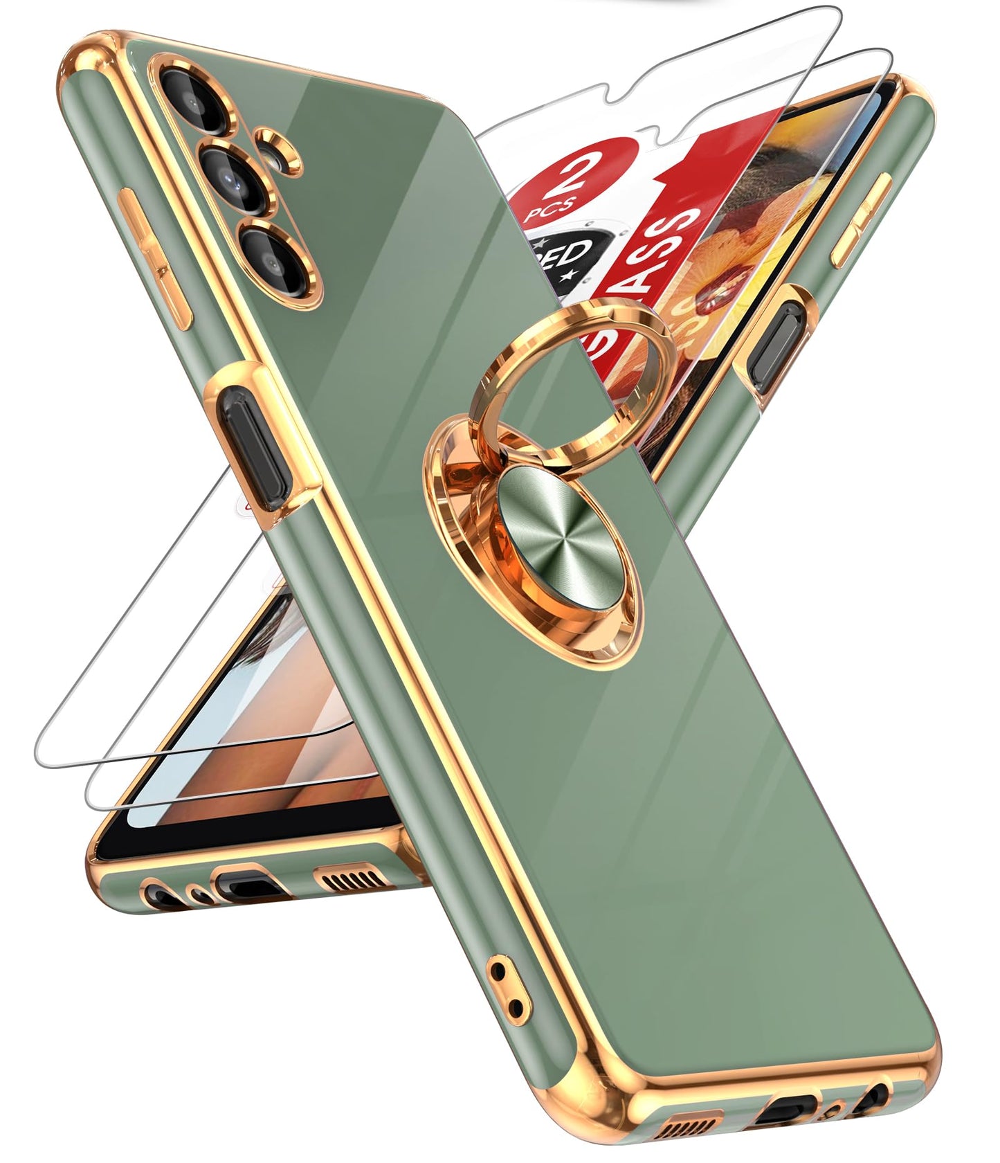 LeYi for Samsung Galaxy A13-5G Phone Case: Tempered Glass Screen Protector, 360° Rotatable Ring Holder Magnetic Kickstand, Plating Rose Gold Edge Protective Case, Black