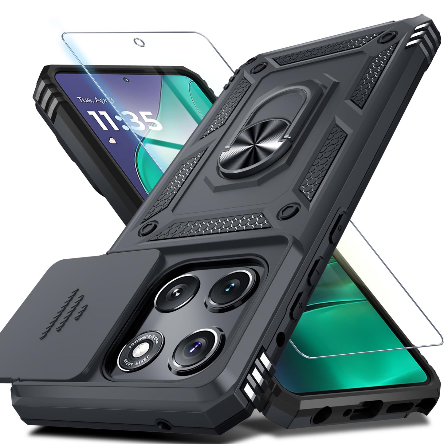 Janmitta Compatible with Moto G Stylus 5G 2024 Case Built in Slide Camera Lens Cover+Screen Protector+Finger Ring Holder Kickstand,Heavy Duty Shockproof Full Body Protective Phone Cover,Black