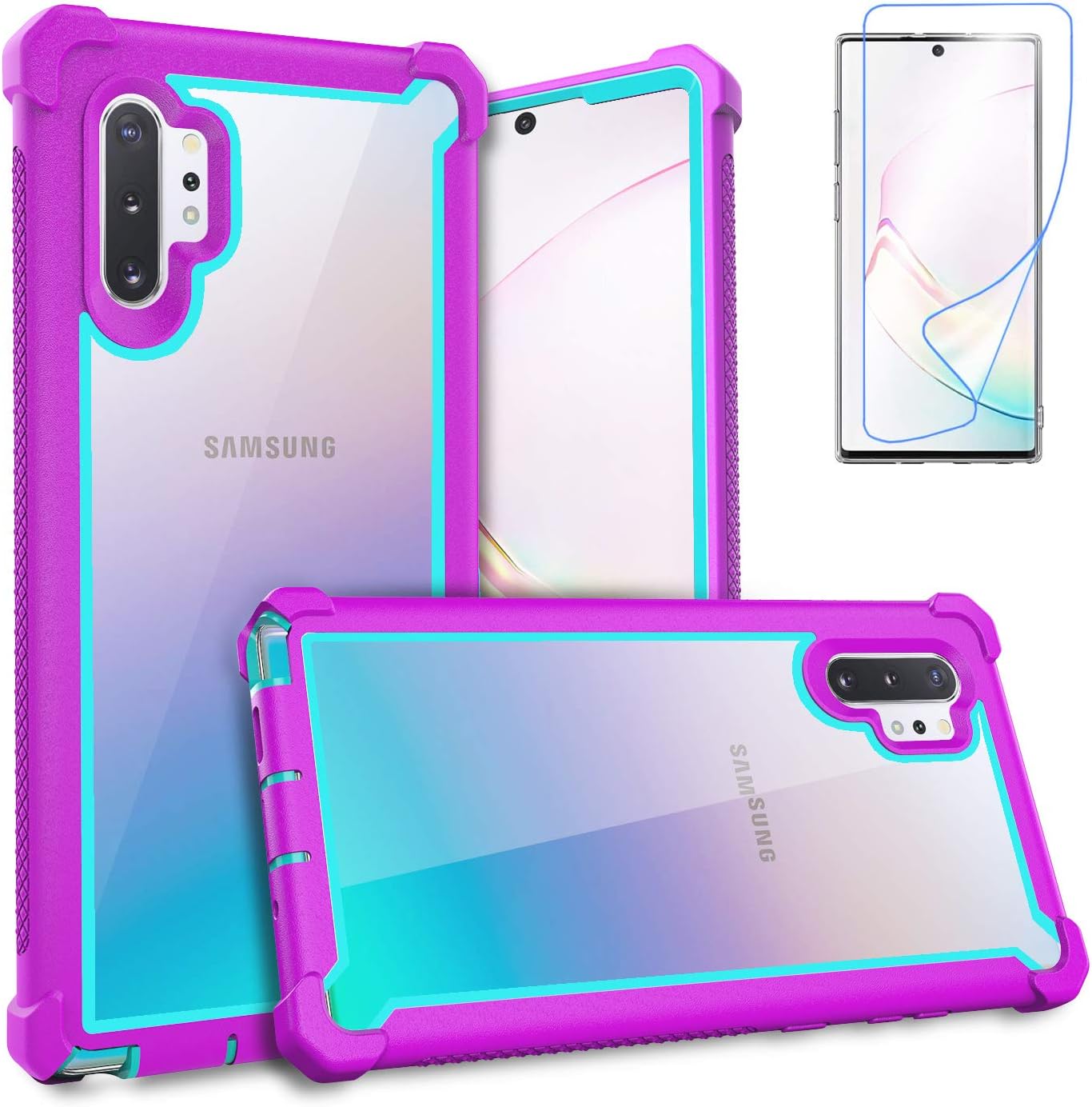 Case for Samsung Galaxy Note 10 Plus Case With Screen Protector, Full Body Protective Hybrid Dual layer Shockproof Acrylic Back Case Cover for Galaxy Note 10 Plus 5G 6.8 inch (Purple Light Blue)