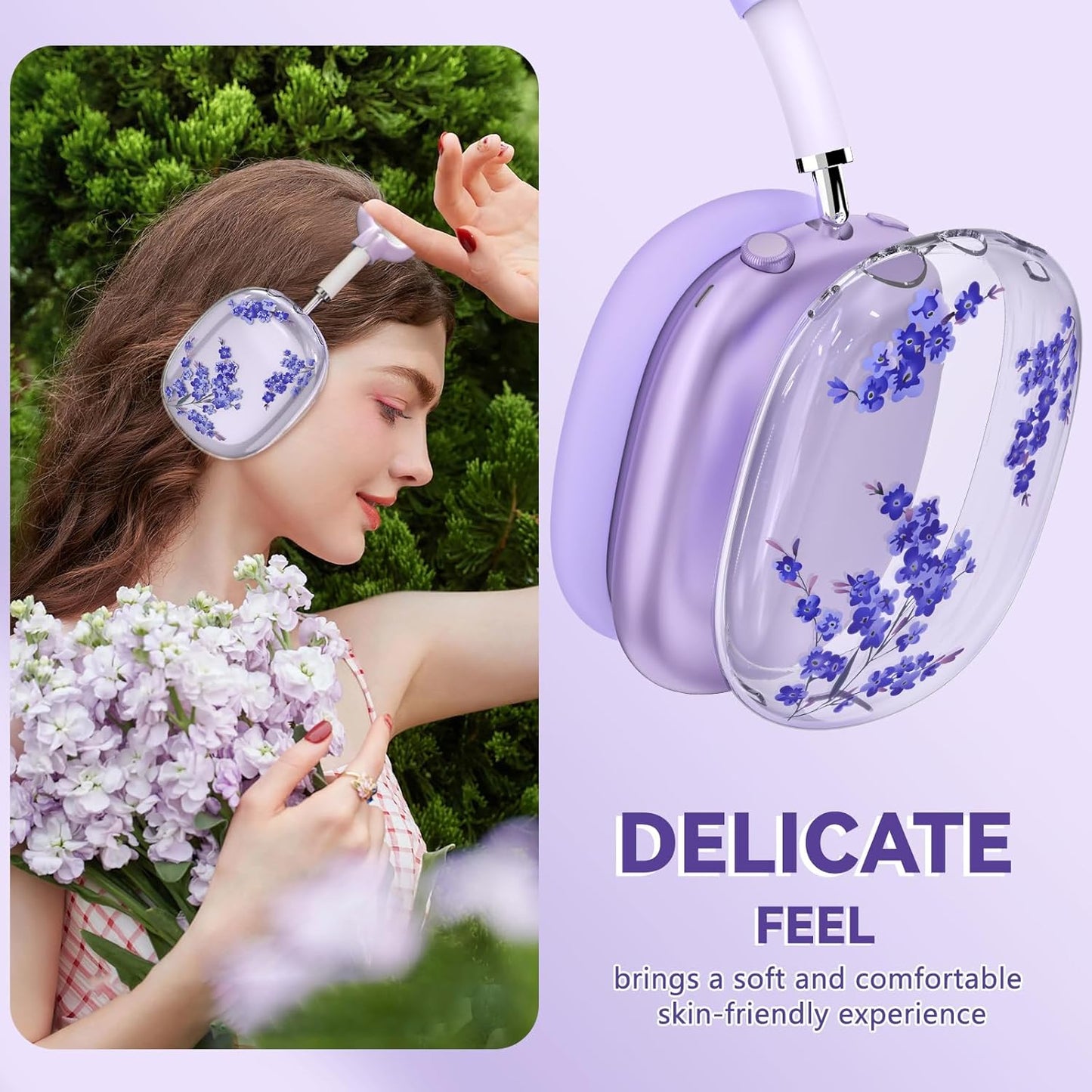 Silicone Cases for AirPods Max Headphones,Clear Flower Soft TPU Ear Cups Cover,Ear Pad Case Cover,Headband Cover for AirPod Max,Transparent Case for Apple AirPods Max USB-C(2024) for Women,Purple