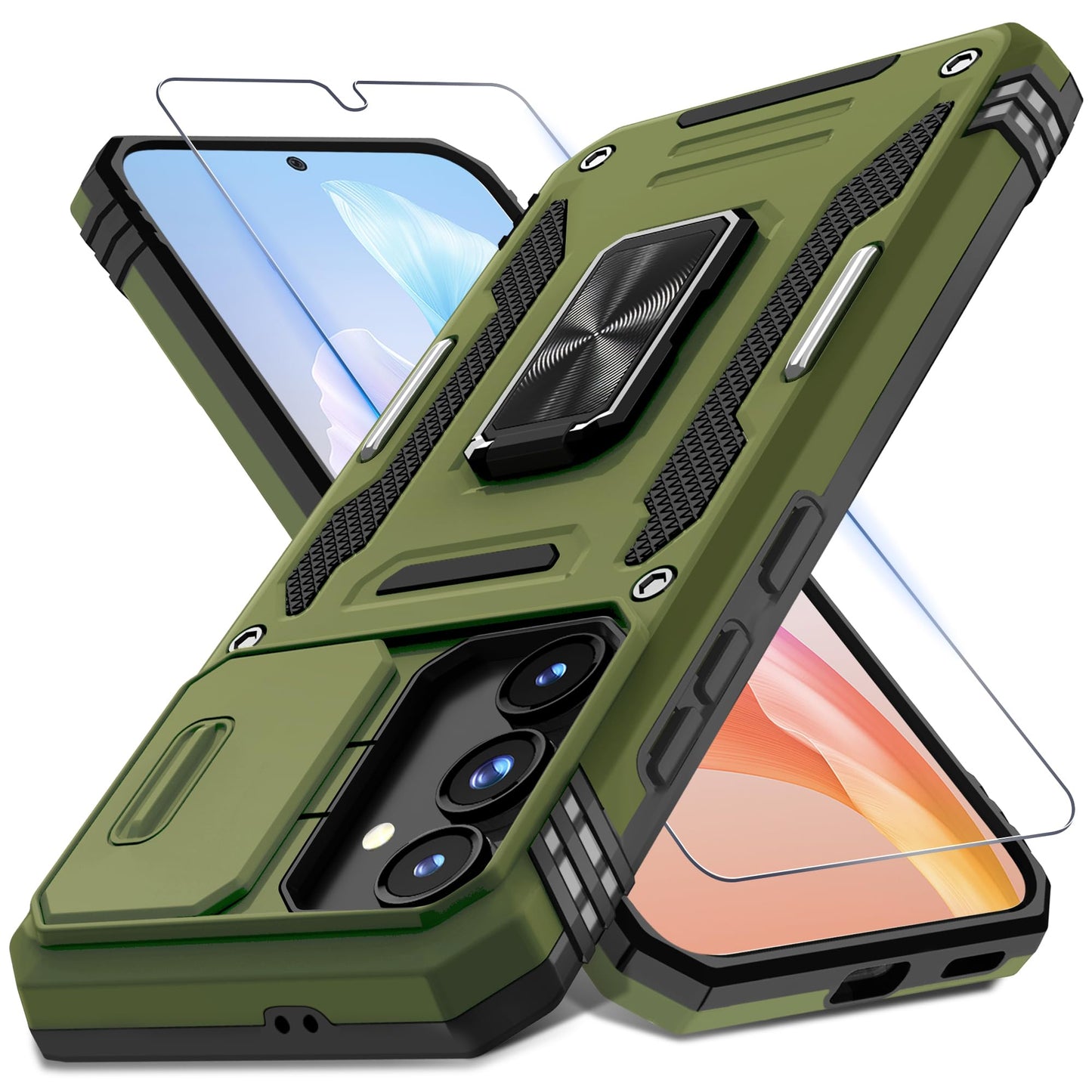 DEERLAMN Case for Samsung Galaxy S23 FE 6.4-Inch with Slide Camera Cover+Screen Protector(1 Pack),Rotated Ring Kickstand Military Grade Shockproof Protective Cover-Black