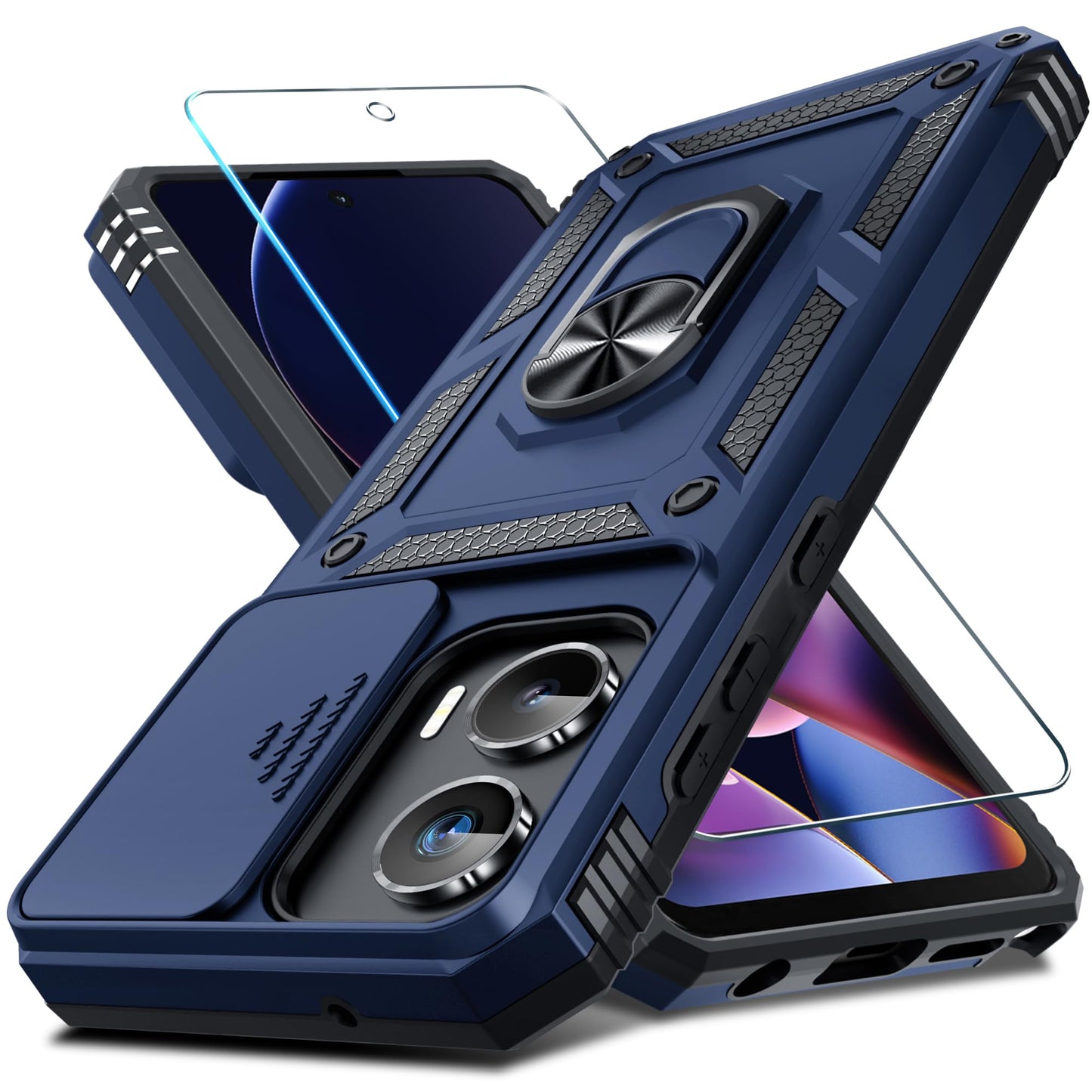 Janmitta Compatible with Moto G Stylus 5G 2024 Case Built in Slide Camera Lens Cover+Screen Protector+Finger Ring Holder Kickstand,Heavy Duty Shockproof Full Body Protective Phone Cover,Black