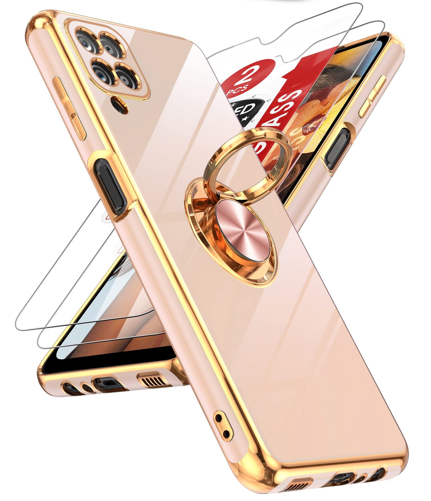 LeYi for Samsung Galaxy A13-5G Phone Case: Tempered Glass Screen Protector, 360° Rotatable Ring Holder Magnetic Kickstand, Plating Rose Gold Edge Protective Case, Black