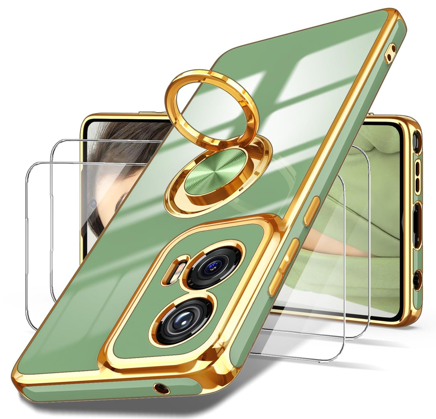 Dretal for Moto G Stylus 5G 2024 Case, 2X Screen Protector, 360° Rotatable Ring Holder Magnetic Kickstand,Plated Gold Edge Slim Soft TPU Protective Cover for Motorola G Stylus 5G (Purple)