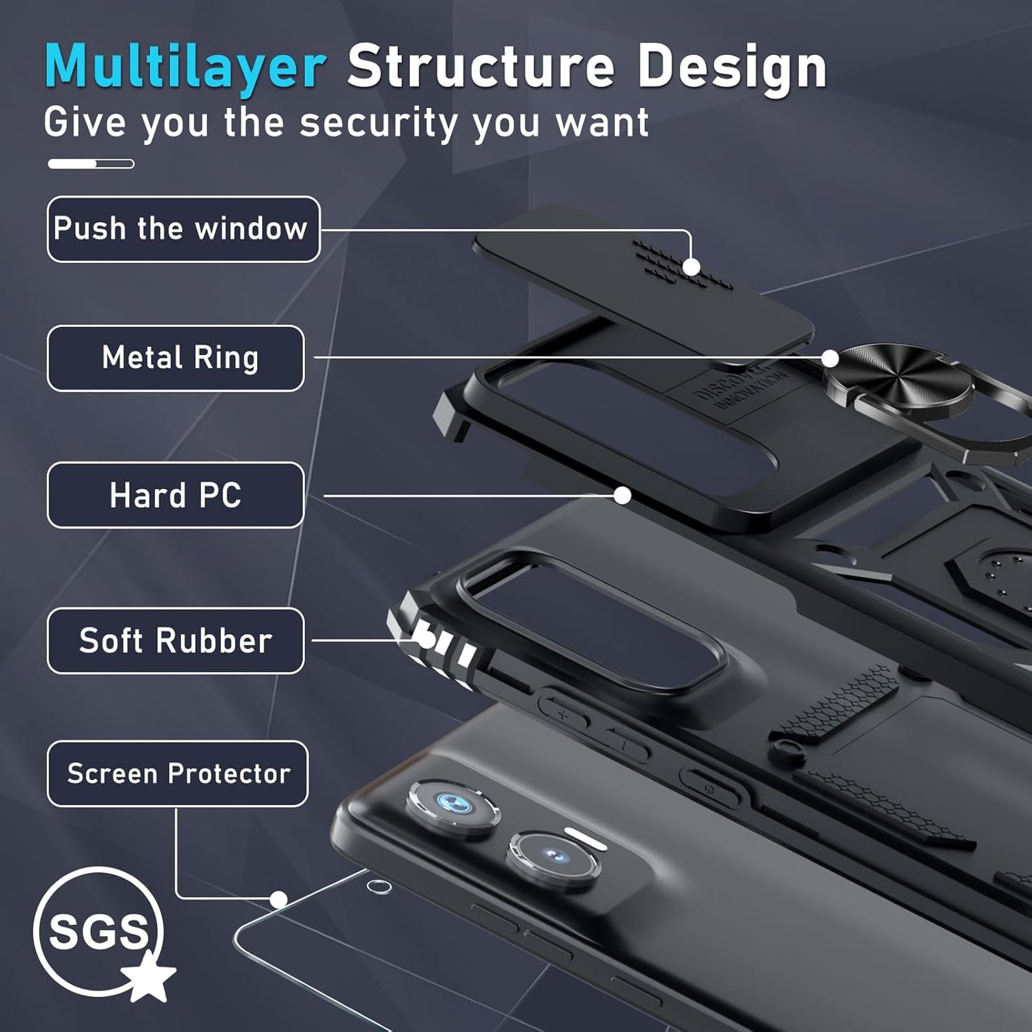 Janmitta Compatible with Moto G Stylus 5G 2024 Case Built in Slide Camera Lens Cover+Screen Protector+Finger Ring Holder Kickstand,Heavy Duty Shockproof Full Body Protective Phone Cover,Black