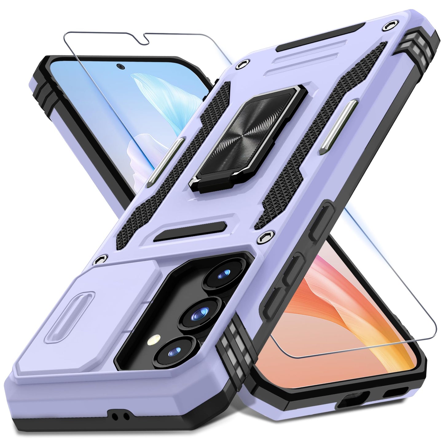 DEERLAMN Case for Samsung Galaxy S23 FE 6.4-Inch with Slide Camera Cover+Screen Protector(1 Pack),Rotated Ring Kickstand Military Grade Shockproof Protective Cover-Black