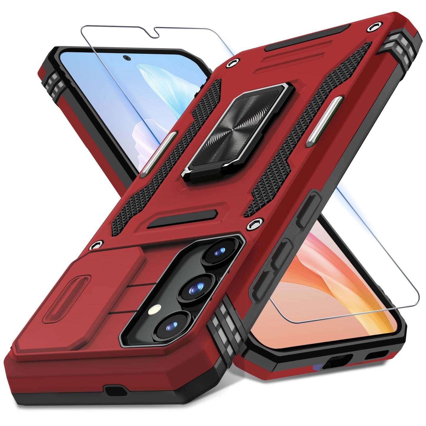 DEERLAMN Case for Samsung Galaxy S24+ Plus with Slide Camera Cover+Screen Protector (1 Pack), Rotated Ring Kickstand Military Grade Shockproof Protective Cover-Black