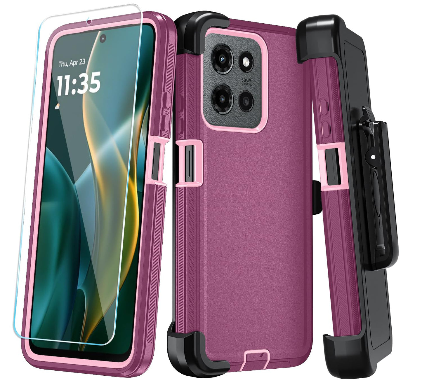 Qinmay Phone Case for Motorola Moto G 5G 2025/Moto G Play 5G 2025 Case with HD Screen Protector, Heavy Duty Shockproof & Dropproof 3-Layer Cover Phone Case,WineRedPink