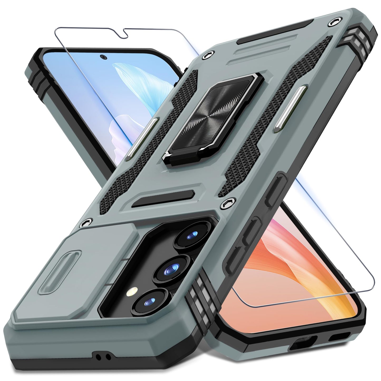 DEERLAMN Case for Samsung Galaxy S23 FE 6.4-Inch with Slide Camera Cover+Screen Protector(1 Pack),Rotated Ring Kickstand Military Grade Shockproof Protective Cover-Black