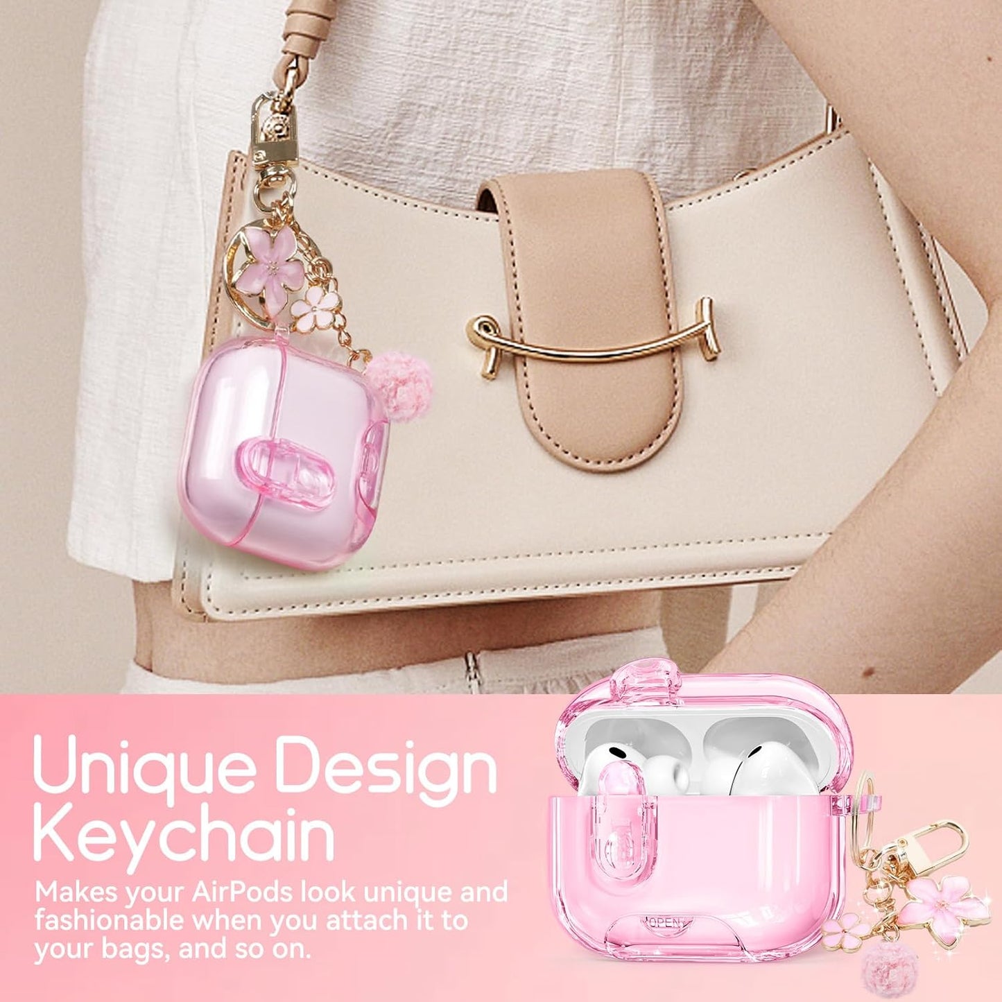 with Safety Lock for AirPods Pro 3 Case 2025,Clear Cases with Phone Stand & Cleaning Kit,Soft TPU Cover for Airpods Pro 3rd Generation Case,Cute Bling Keychain for Women Girls-Glitter Pink