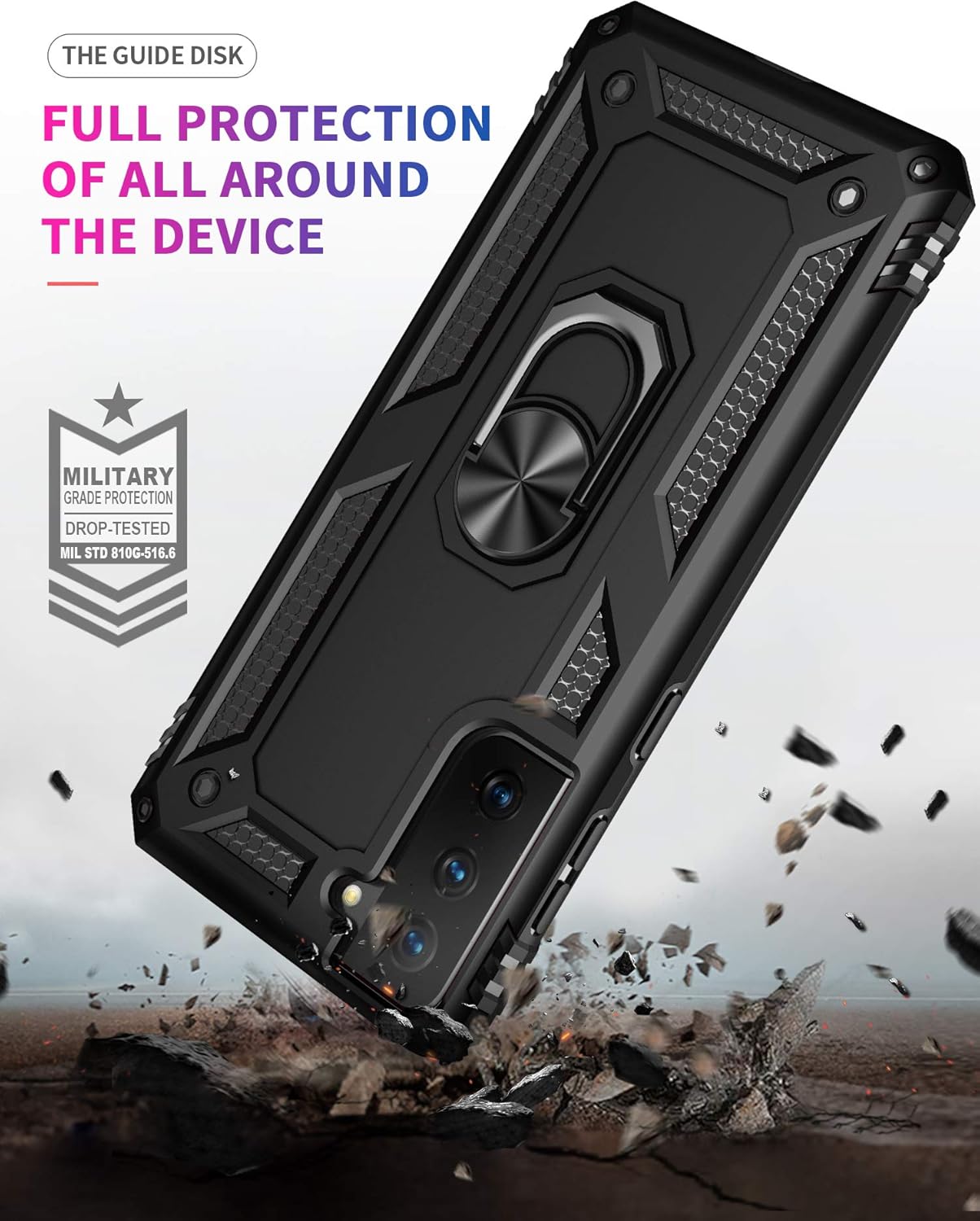 Androgate Case Cover Case for Samsung Galaxy S21 5G Black | with HD Screen Protectors, Military-Grade, Metal Ring Holder, Kickstand, 15ft Drop Tested, Shockproof