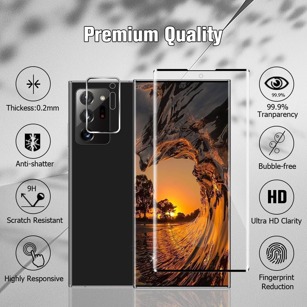 3+2 Pack For Samsung Galaxy Note 20 Ultra Screen Protector 6.9 Inch With Camera Lens Protector, 9H Tempered Glass, HD Clear, Support Fingerprint Unlock For Samsung Note 20 Ultra 5G