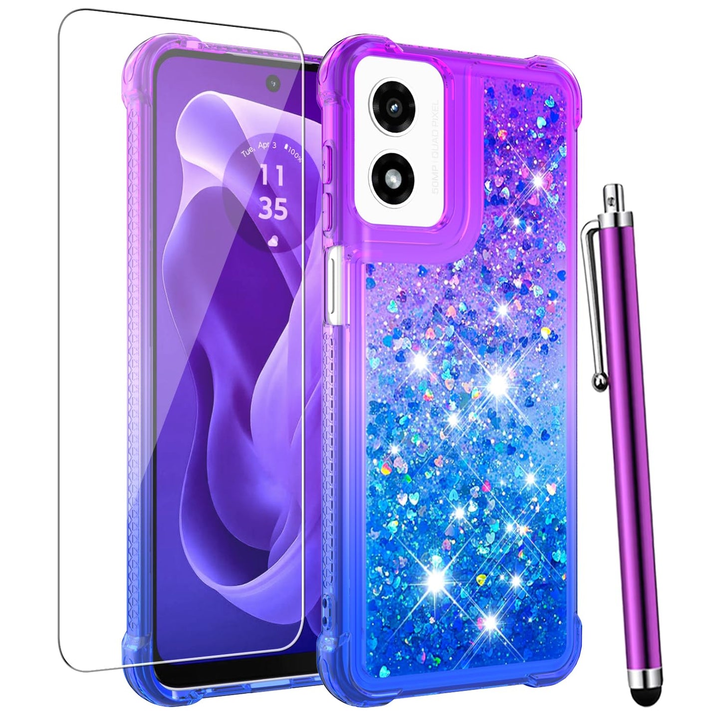 for Moto G Play 2024 Case with Screen Protector, Cute Women Girls Glitter Bling Liquid Floating Phone Case Slim TPU Soft Silicone Shockproof Girly Cover for Motorola G Play 2024 -Pink Purple