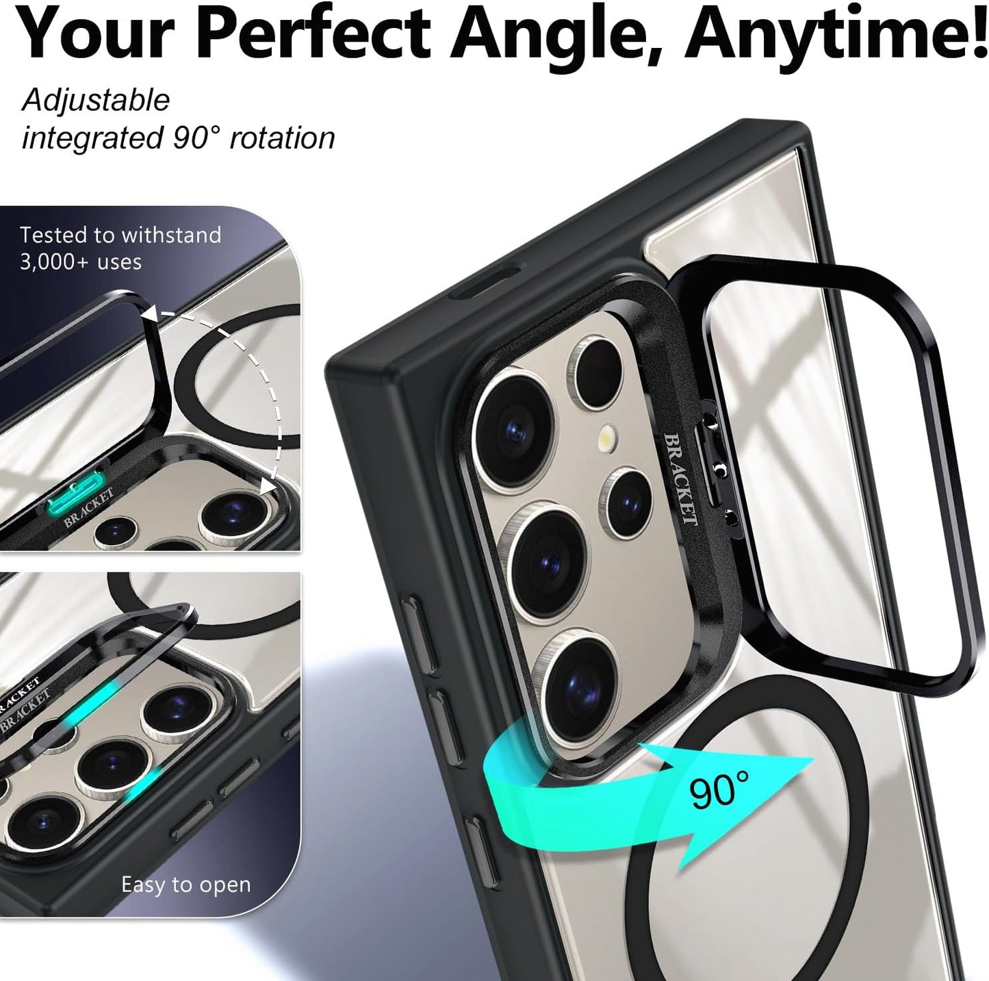 YZB Case Designed for Samsung Galaxy S24 Ultra Crystal Clear Back Cover Black | Magnetic Compatible with MagSafe, Built-in Stand, Camera Lens Protector, Anti-Yellowing, Scratch-Resistant