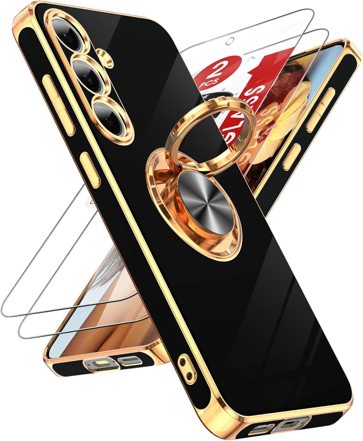 LeYi for Samsung Galaxy S24-FE Case: with 2 Pack Tempered Glass Screen Protector and 360° Rotatable Ring Holder Magnetic Kickstand, Plating Rose Gold Edge Funda para Galaxy S24FE 5G Case, Black