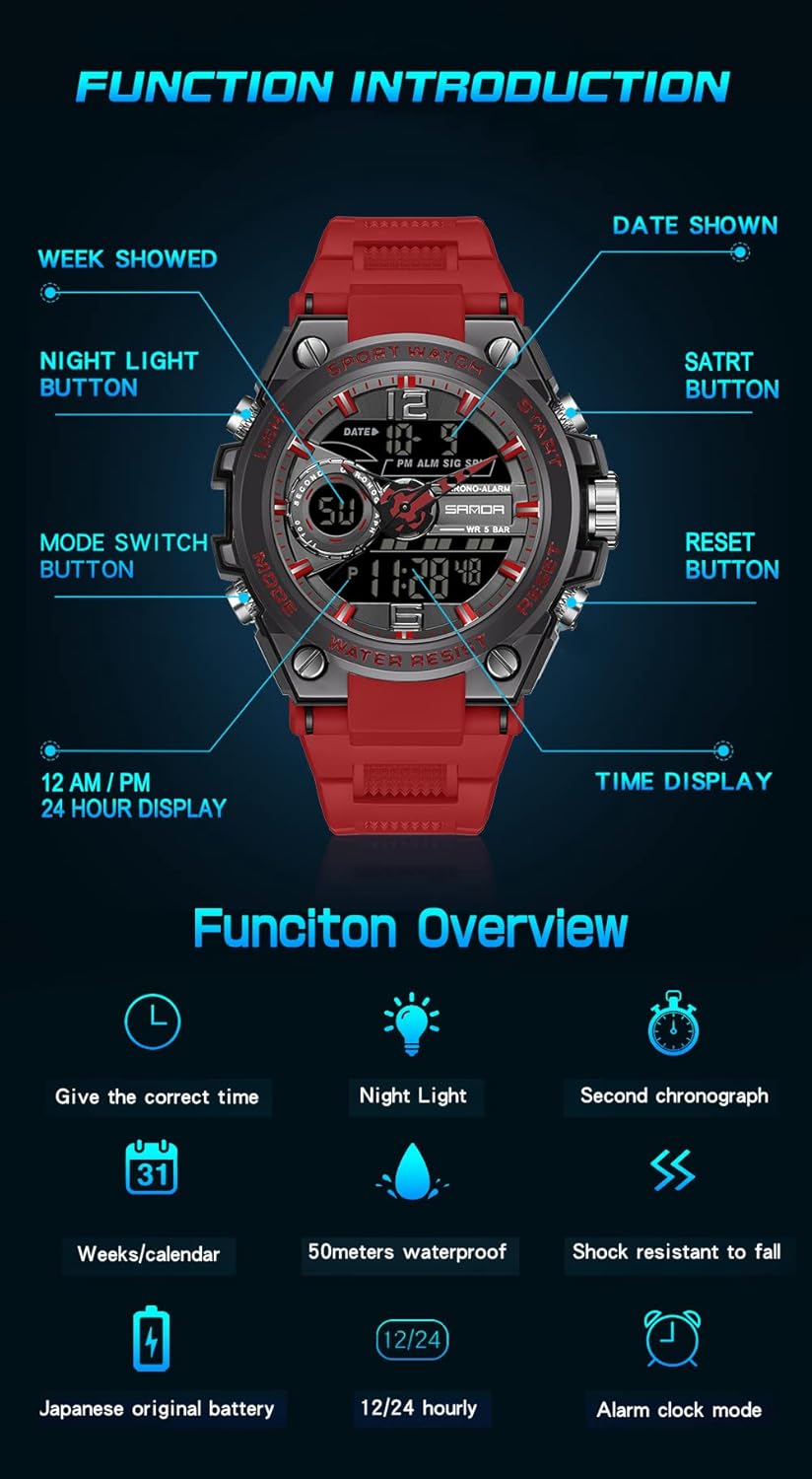 KXAITO Men's Watches Sports Outdoor Waterproof Military Watch Date Multi Function Tactics LED Alarm Stopwatch