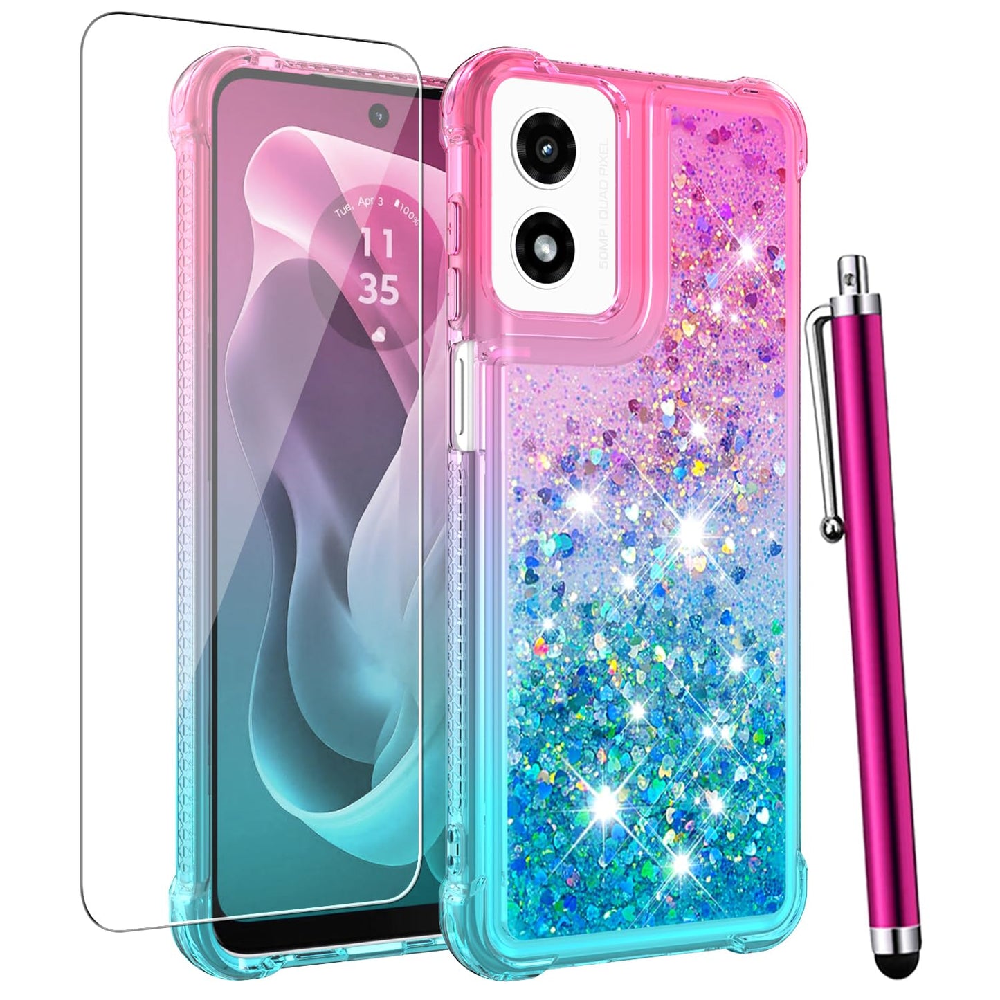 for Moto G Play 2024 Case with Screen Protector, Cute Women Girls Glitter Bling Liquid Floating Phone Case Slim TPU Soft Silicone Shockproof Girly Cover for Motorola G Play 2024 -Pink Purple