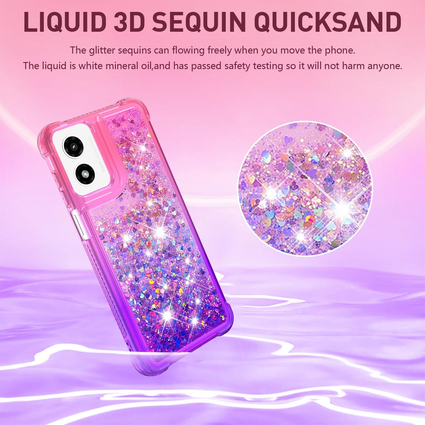 for Moto G Play 2024 Case with Screen Protector, Cute Women Girls Glitter Bling Liquid Floating Phone Case Slim TPU Soft Silicone Shockproof Girly Cover for Motorola G Play 2024 -Pink Purple
