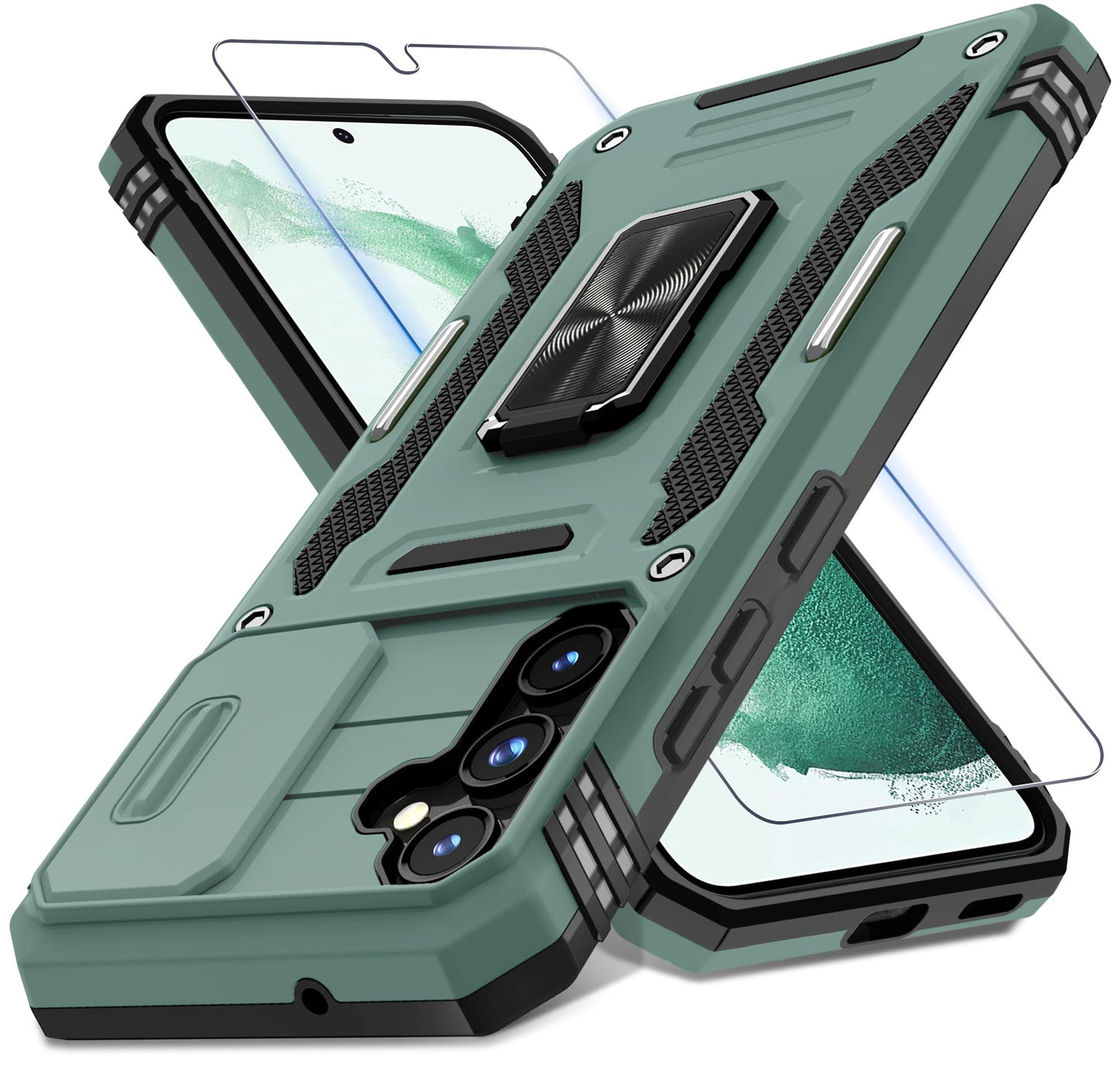 DEERLAMN Case for Samsung Galaxy S23 FE 6.4-Inch with Slide Camera Cover+Screen Protector(1 Pack),Rotated Ring Kickstand Military Grade Shockproof Protective Cover-Black