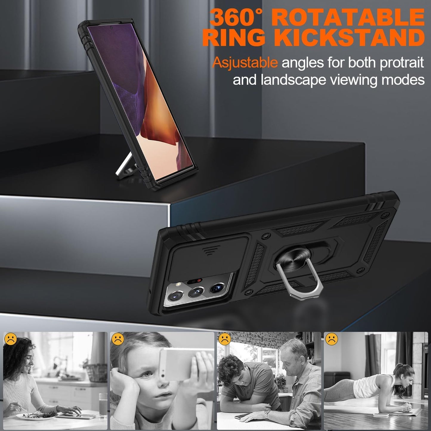 for Samsung Galaxy Note 20 Ultra Case with Screen Protector*2, Note 20 Ultra Phone Case Build in 360° Rotating Ring Kickstand, Military Grade Protective Cover for Note 20 Ultra Phone Black