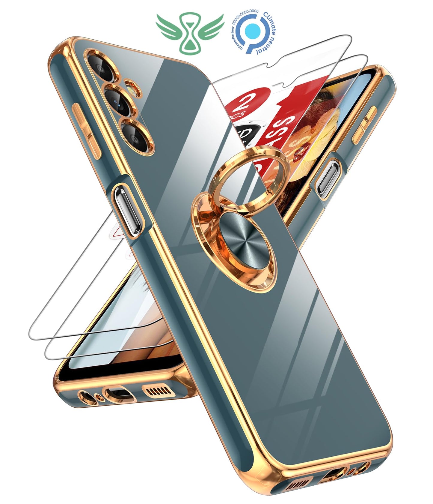 LeYi for Samsung Galaxy A13-5G Phone Case: Tempered Glass Screen Protector, 360° Rotatable Ring Holder Magnetic Kickstand, Plating Rose Gold Edge Protective Case, Black