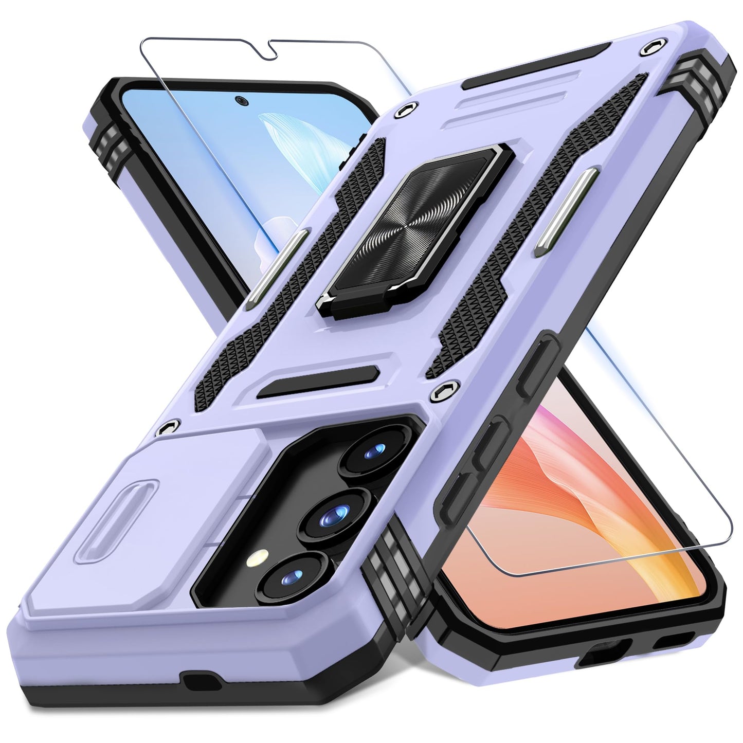 DEERLAMN Case for Samsung Galaxy S23 FE 6.4-Inch with Slide Camera Cover+Screen Protector(1 Pack),Rotated Ring Kickstand Military Grade Shockproof Protective Cover-Black