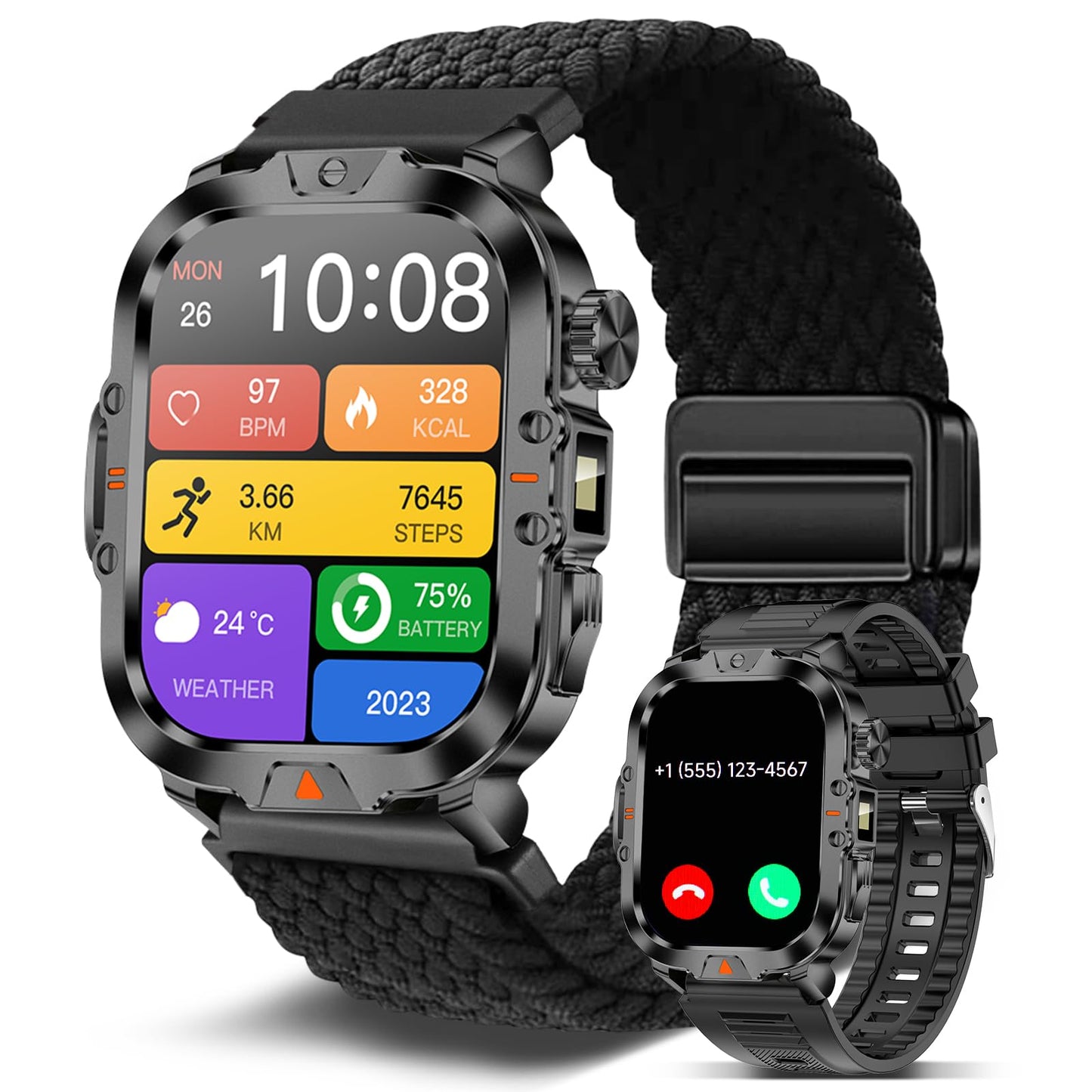 Smart Watch for Men Military Answer/Make Call 2.01″ Display 170+ Sports Modes Fitness Smart Watch IP68 Waterproof 30 Days Standby Smartwatch for Android iOS Black (2 Straps)