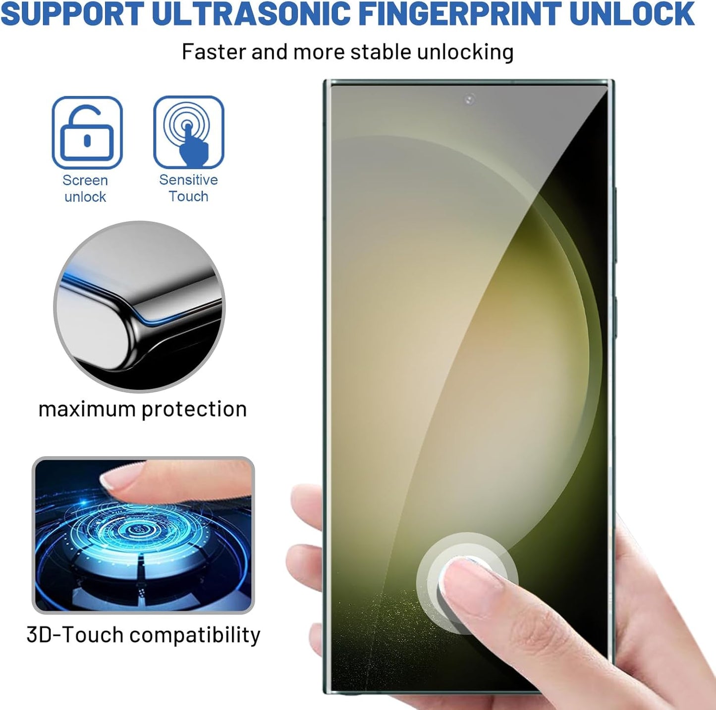 3 Pack Galaxy S23 Ultra Screen Protector, HD Clear Tempered Glass, Fingerprint Unlock, 3D Curved, Scratch Resistant, No Bubble for Samsung Galaxy S23 Ultra 5G Glass Screen Protector