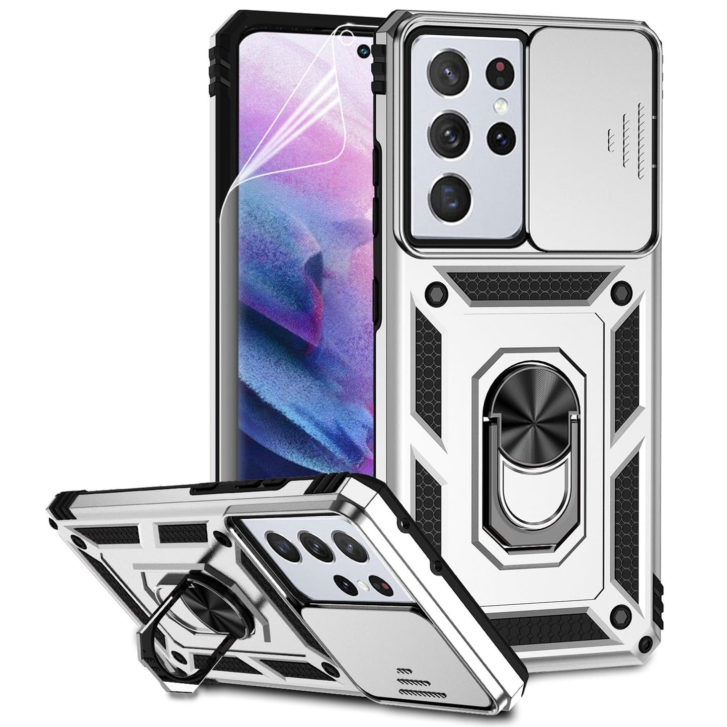 Case for Samsung Galaxy S21 Ultra 5G Protective Phone Case Navy Blue | with Camera Lens Cover, HD Screen Protector, Military-Grade Drop Tested, Magnetic Ring Holder, Kickstand